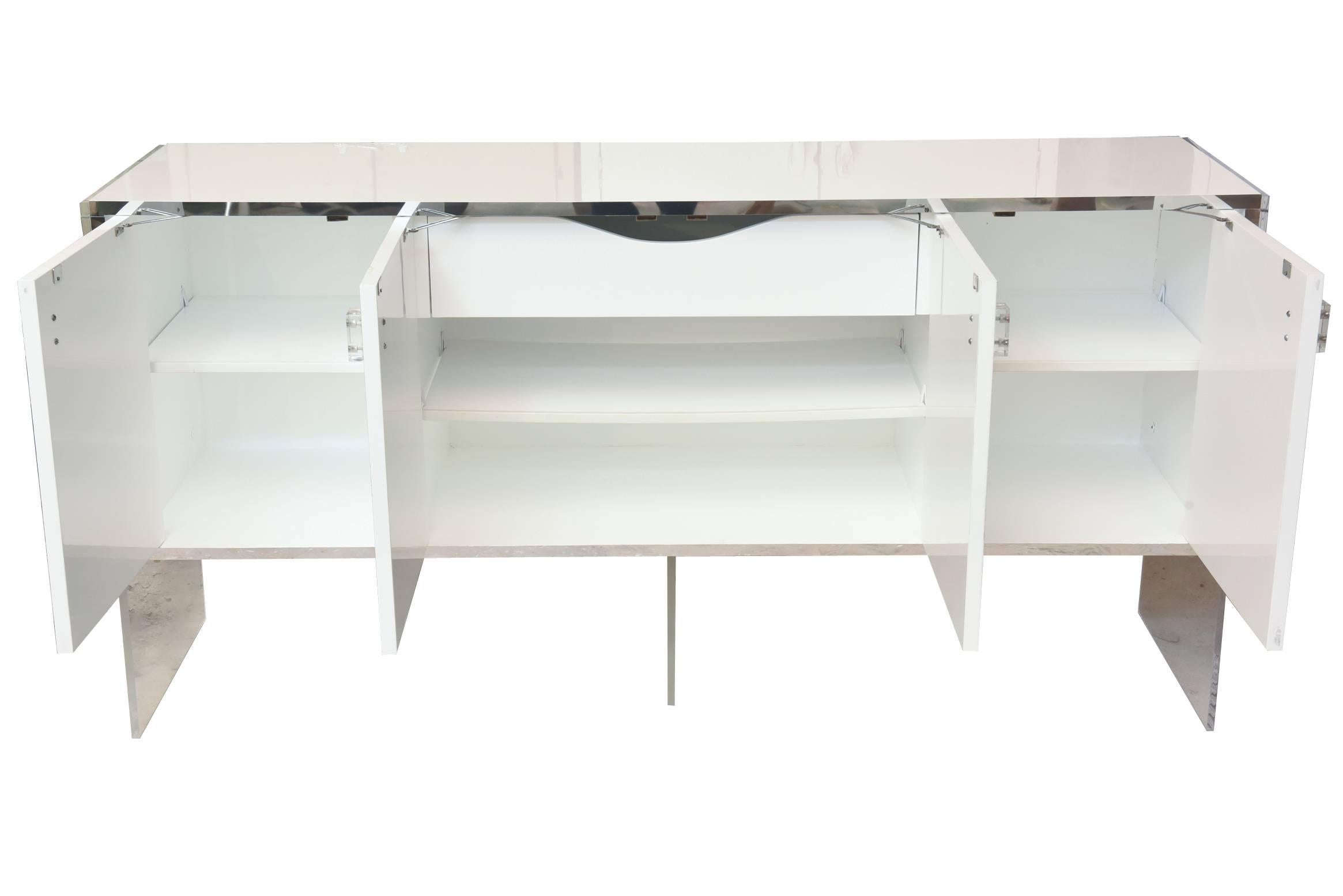 American White Lacquer over Wood, Stainless Steel and Lucite Vintage Cabinet or Buffet
