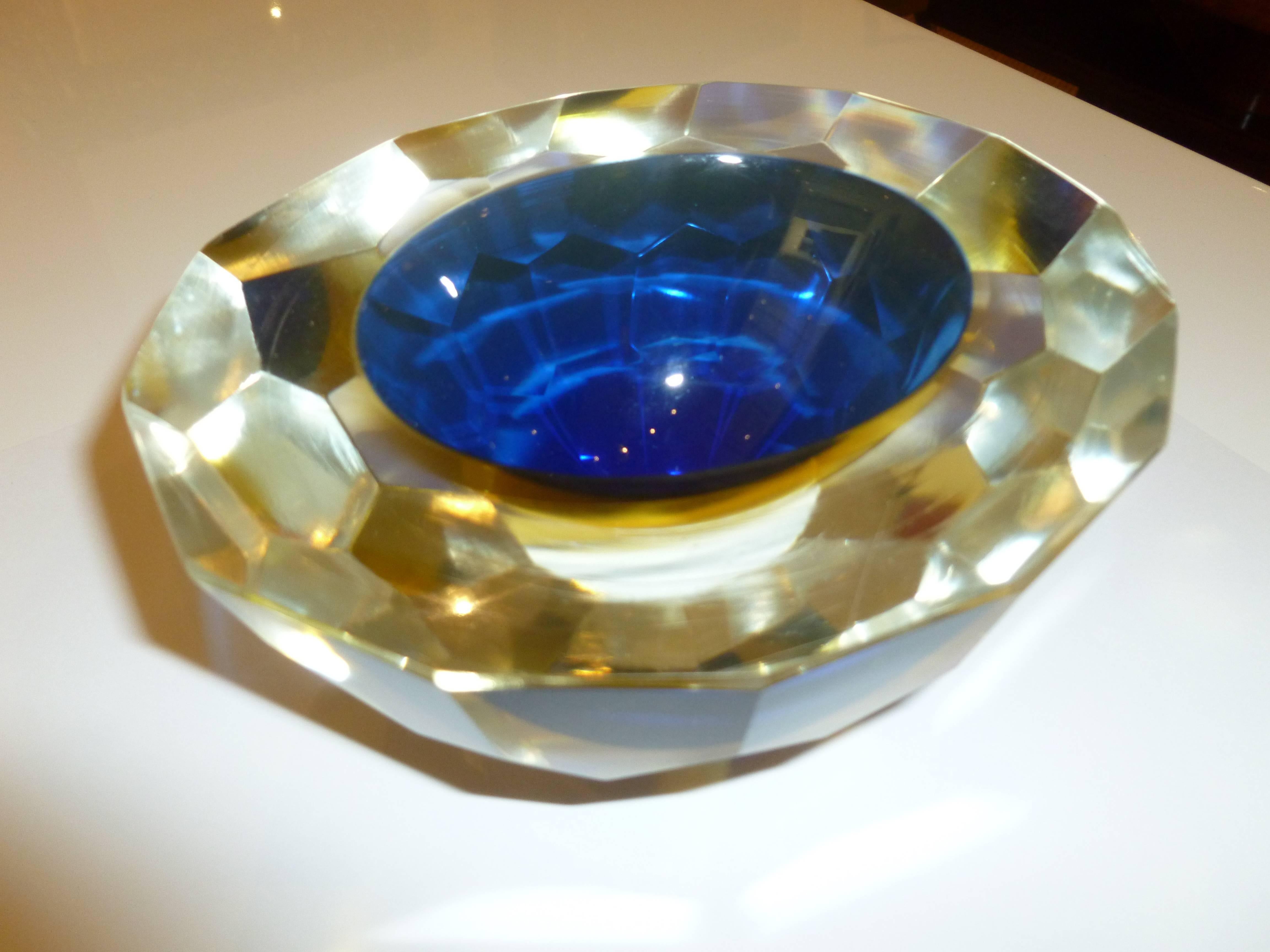 Late 20th Century Italian Murano Diamonte Sommerso Geode Glass Oval Bowl