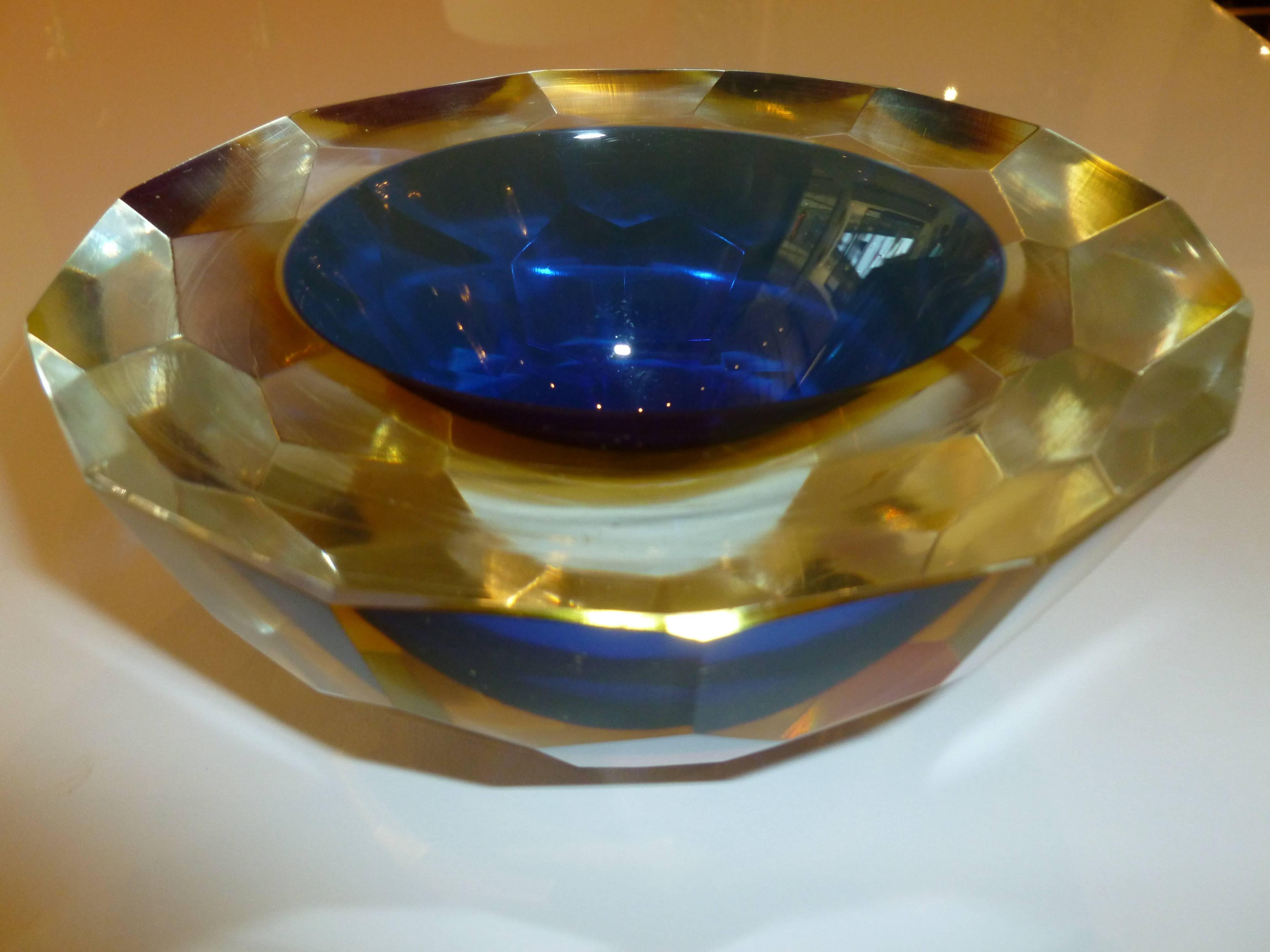 Italian Murano Diamonte Sommerso Geode Glass Oval Bowl 2