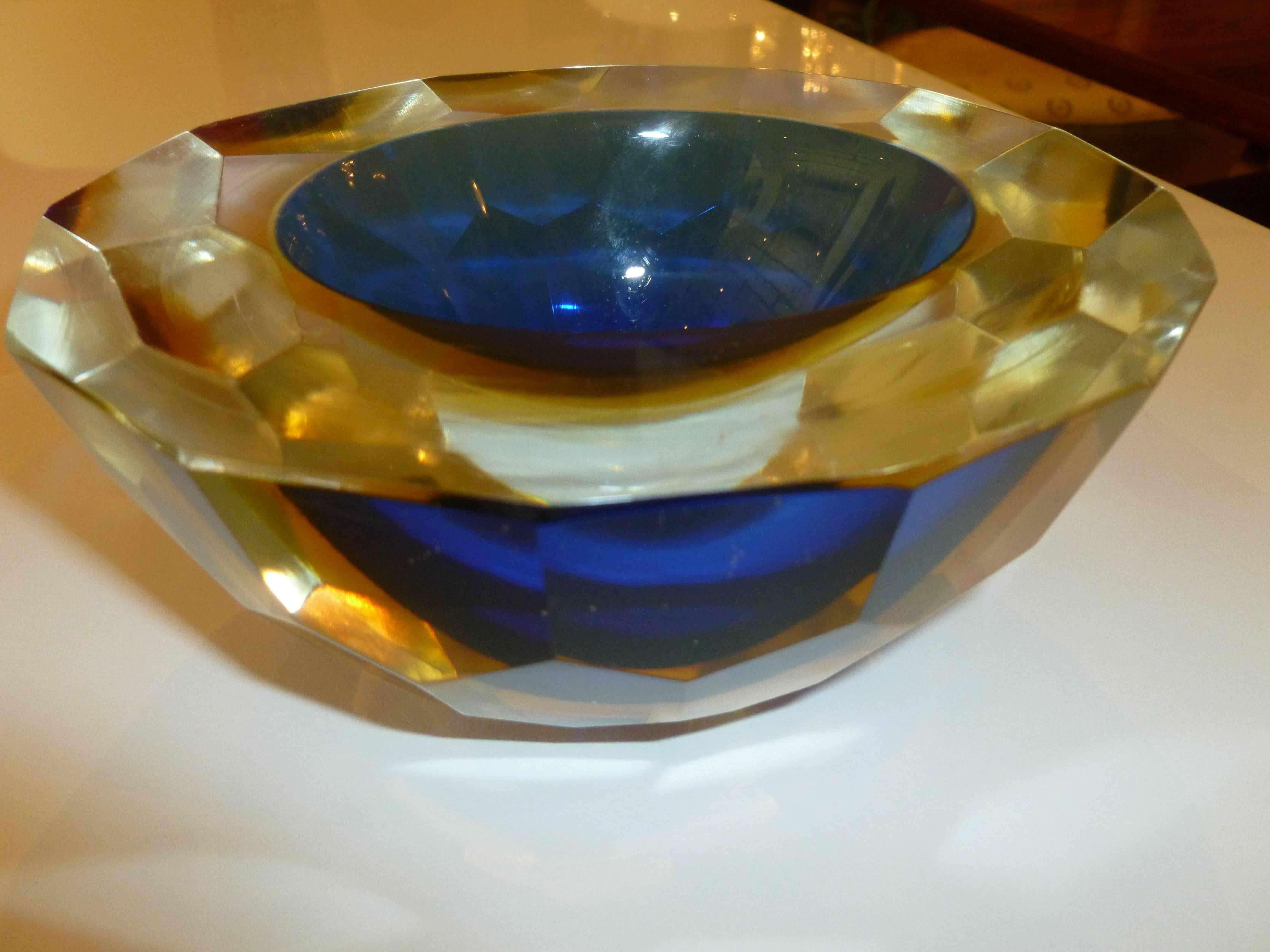 Italian Murano Diamonte Sommerso Geode Glass Oval Bowl In Excellent Condition In North Miami, FL