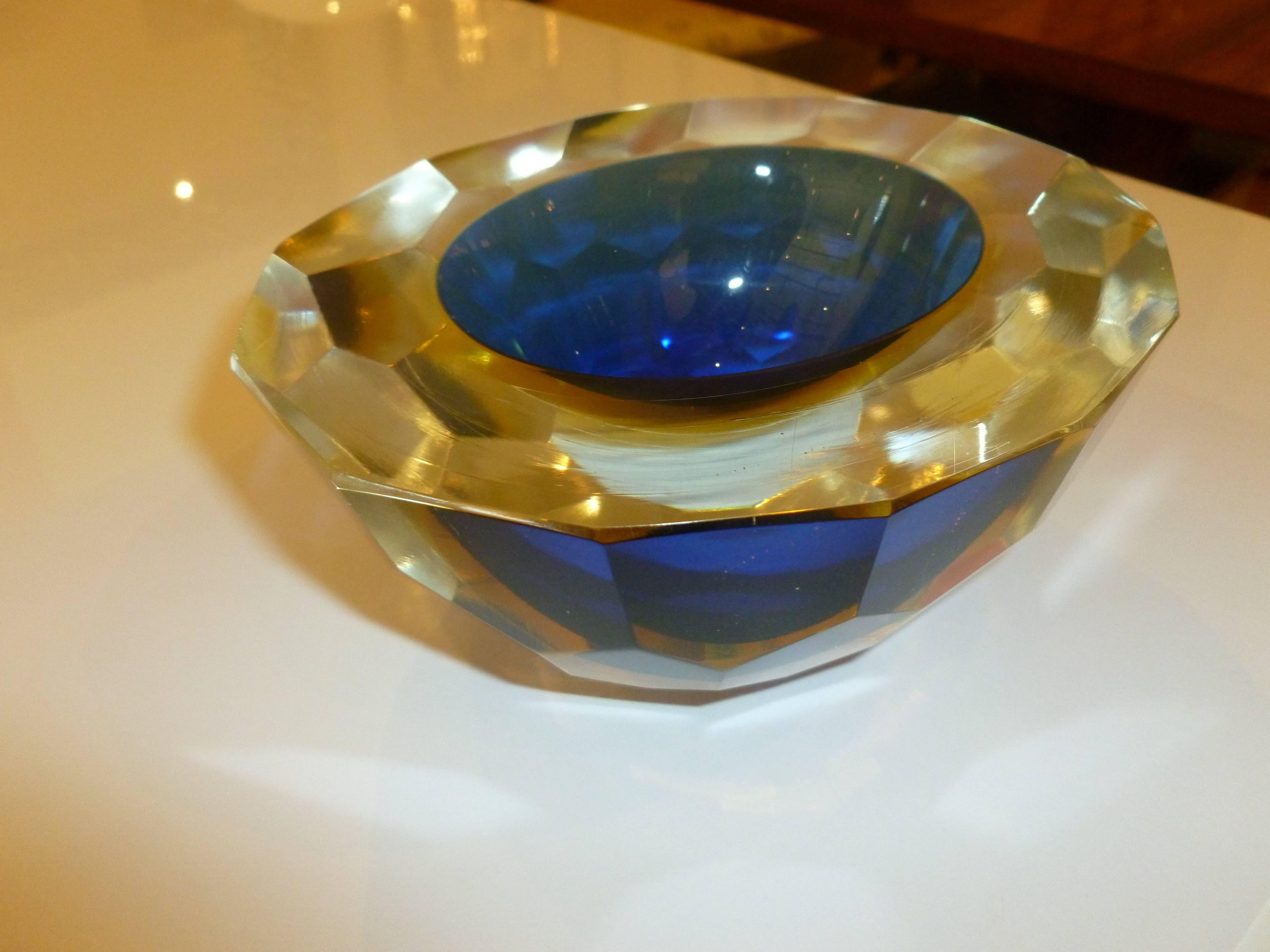 Modern Italian Murano Diamonte Sommerso Geode Glass Oval Bowl