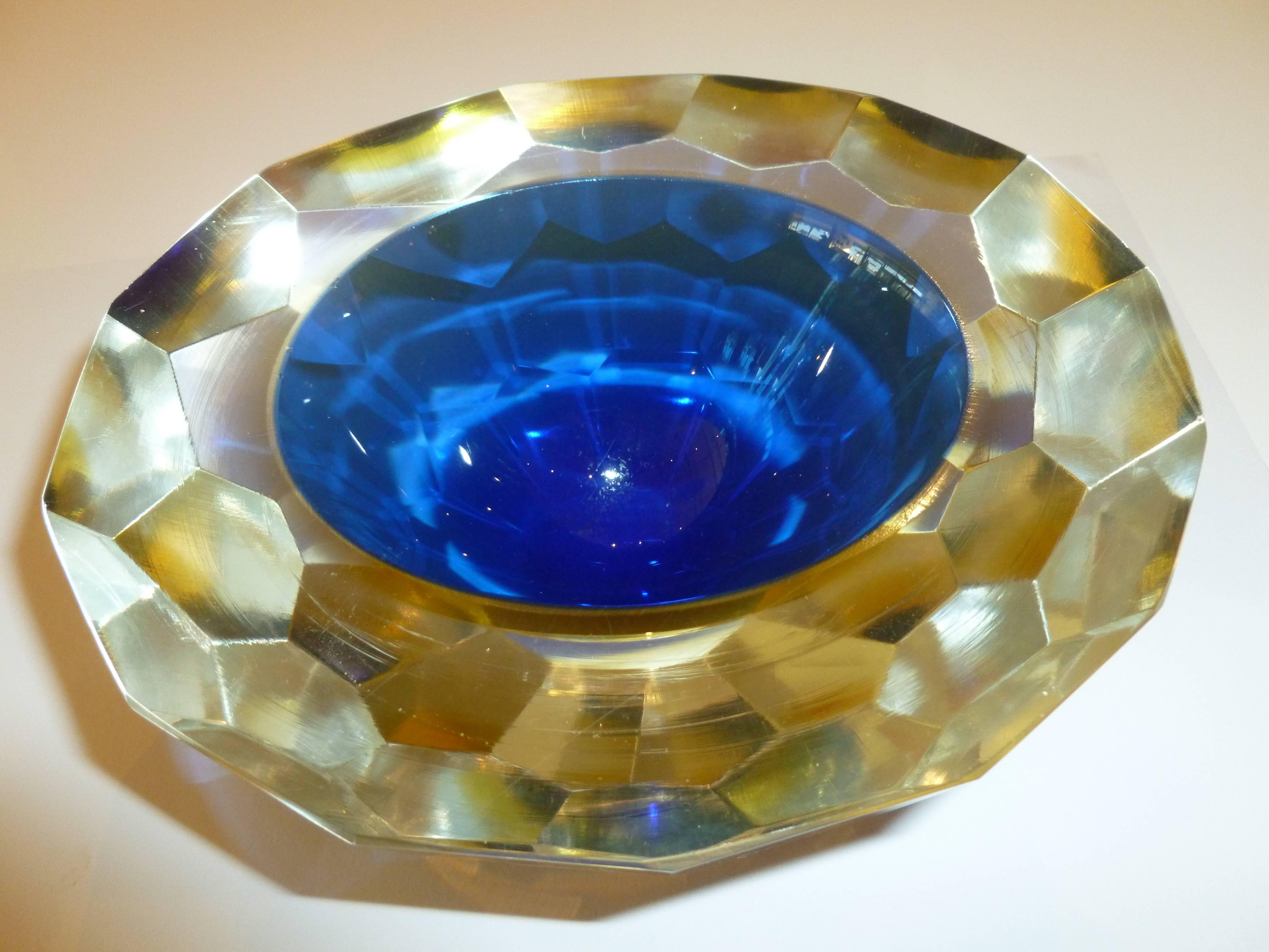 Blown Glass Italian Murano Diamonte Sommerso Geode Glass Oval Bowl