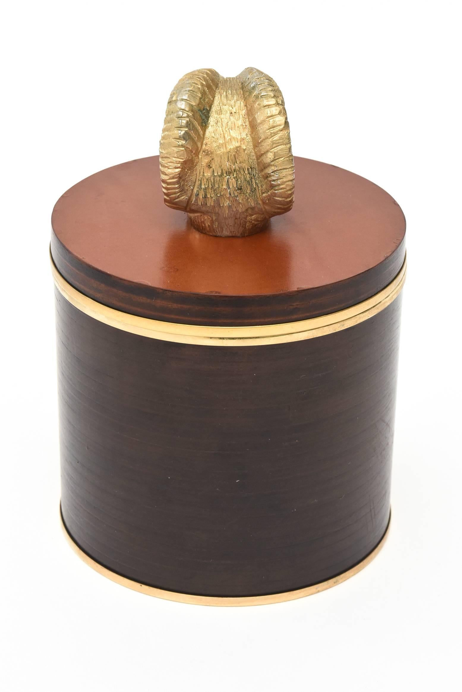 Gucci Wood, Leather and Brass Rams Head Lidded Box Signed Vintage In Good Condition In North Miami, FL