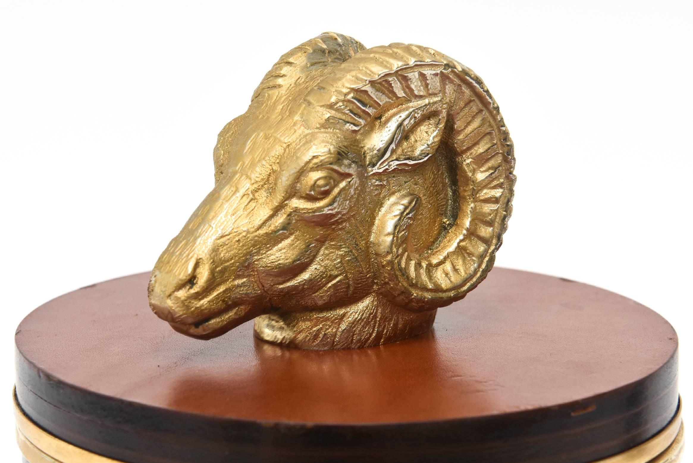 Gucci Wood, Leather and Brass Rams Head Lidded Box Signed Vintage 1