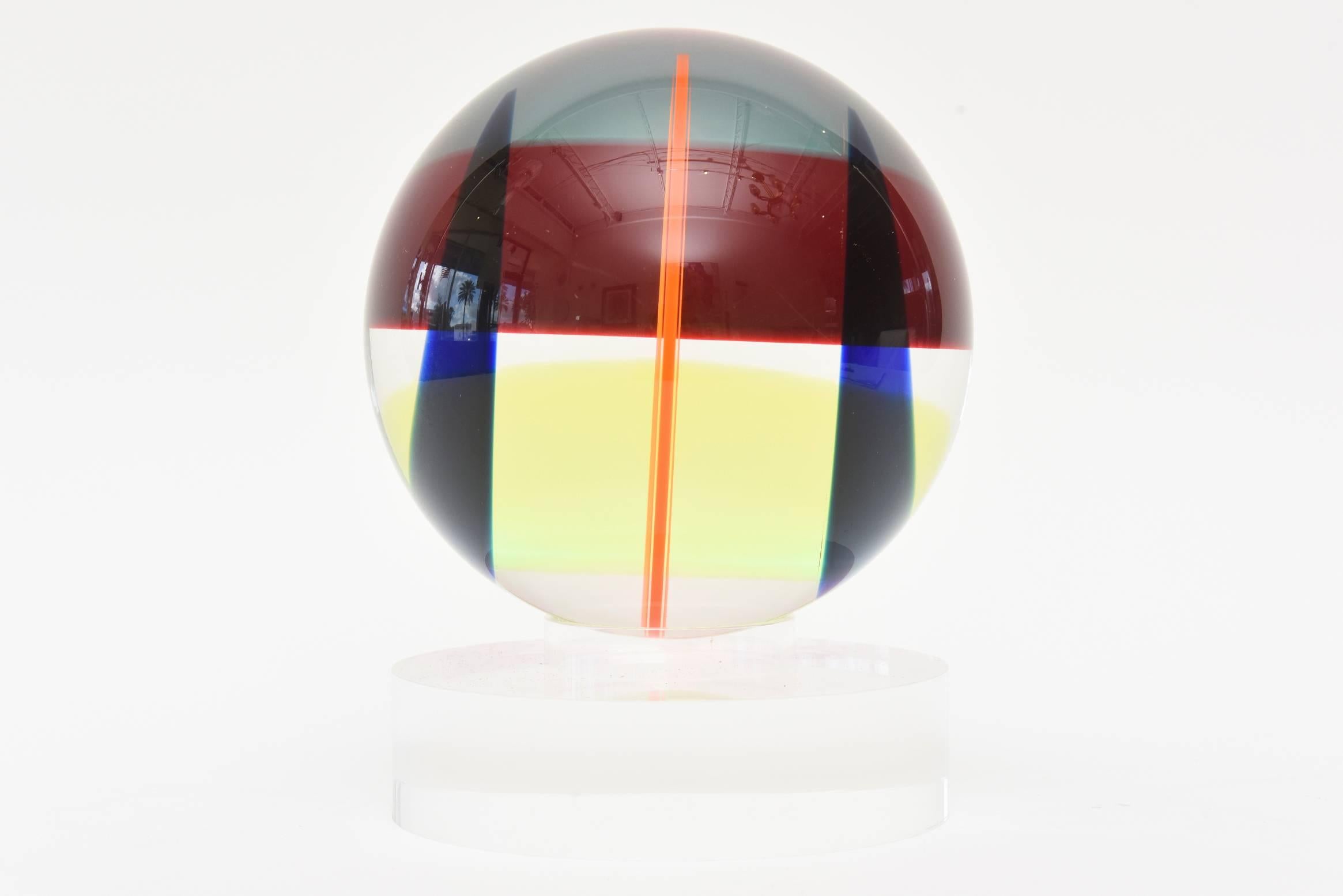 American Signed and Dated Vasa Mihich Laminated Sphere Lucite Ball Sculpture