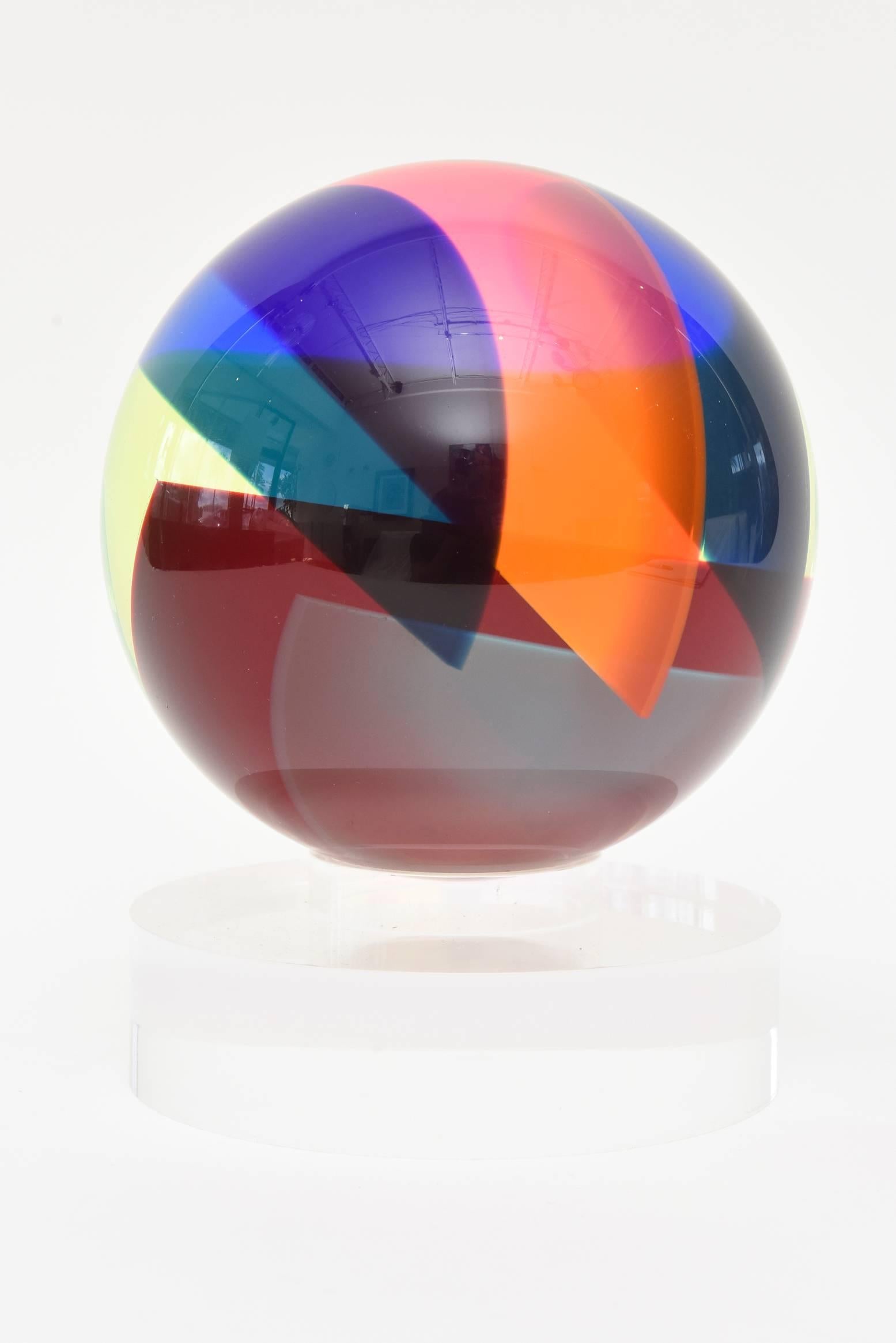 Signed and Dated Vasa Mihich Laminated Sphere Lucite Ball Sculpture In Good Condition In North Miami, FL