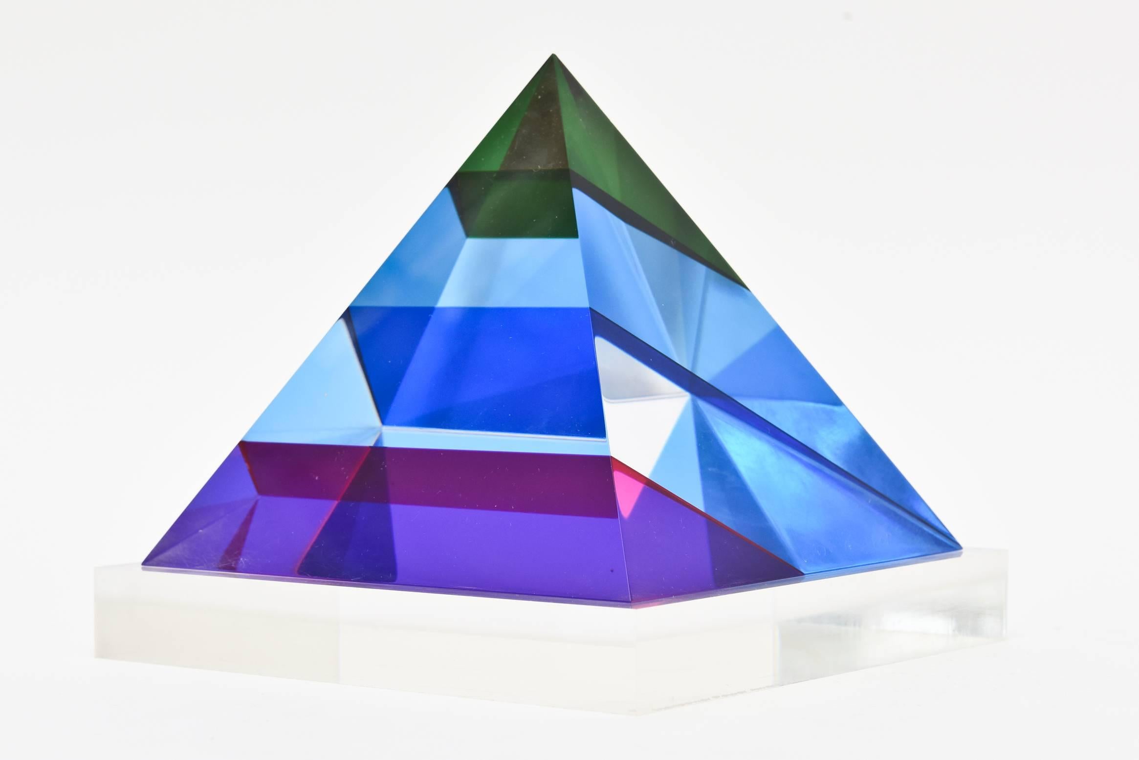 American Signed and Dated Vasa Mihich Laminated Lucite Pyramid Triangle Sculpture