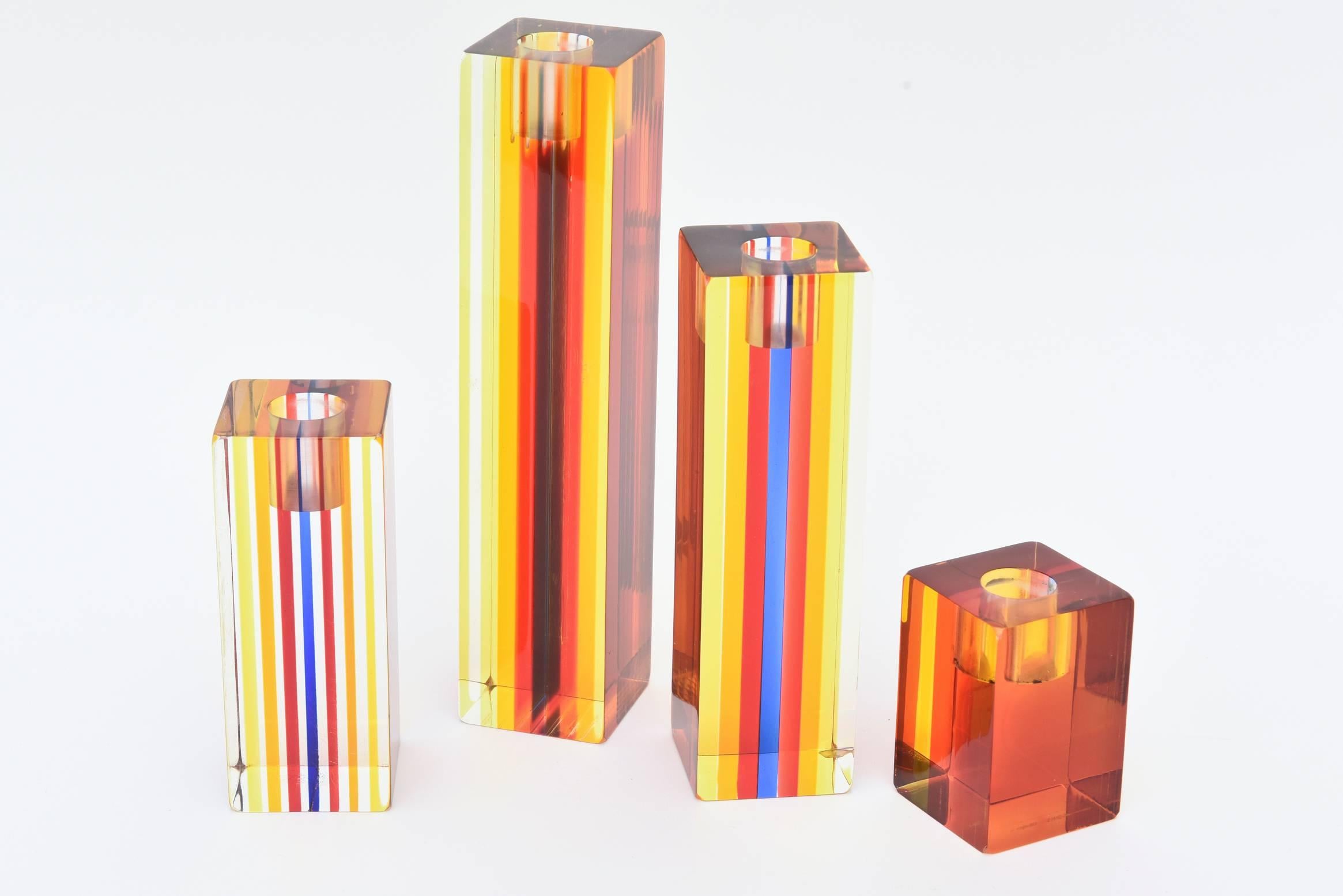 Laminated  Four Graduated Vintage Optical Charles Hollis Jones Lucite Candlesticks 