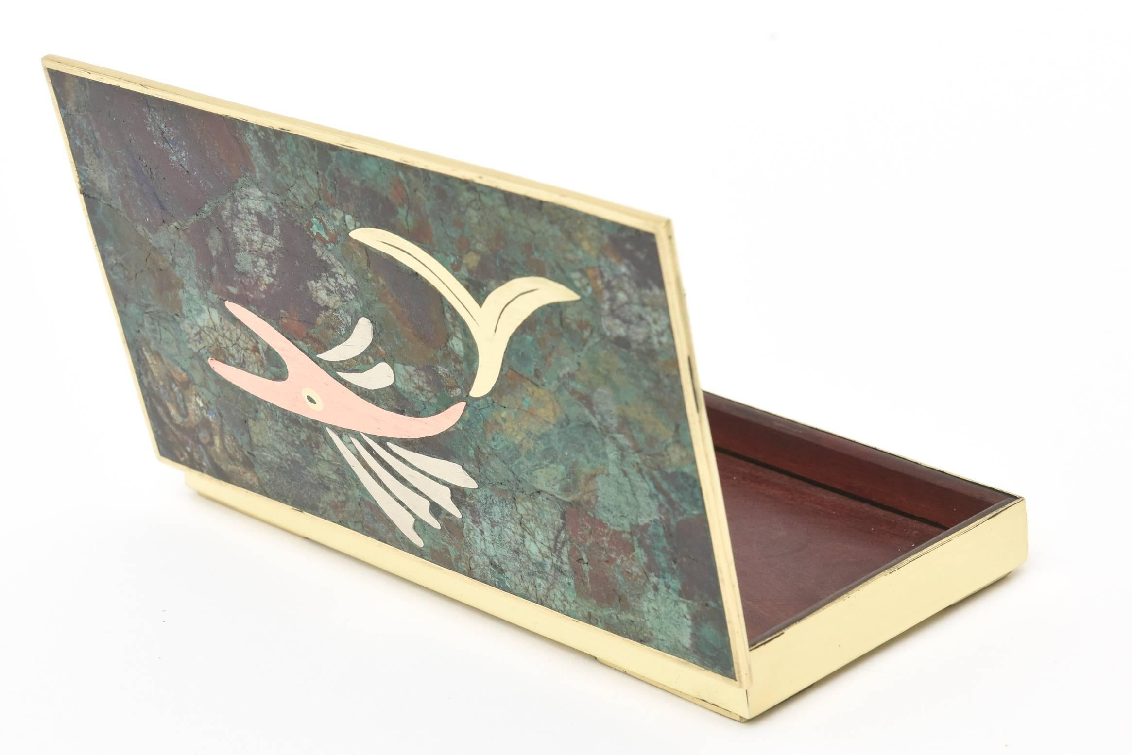 Mid-Century Modern Mixed Metals, Rosewood, Sodalite, Malachite and Turquoise Hinged Box Midcentury