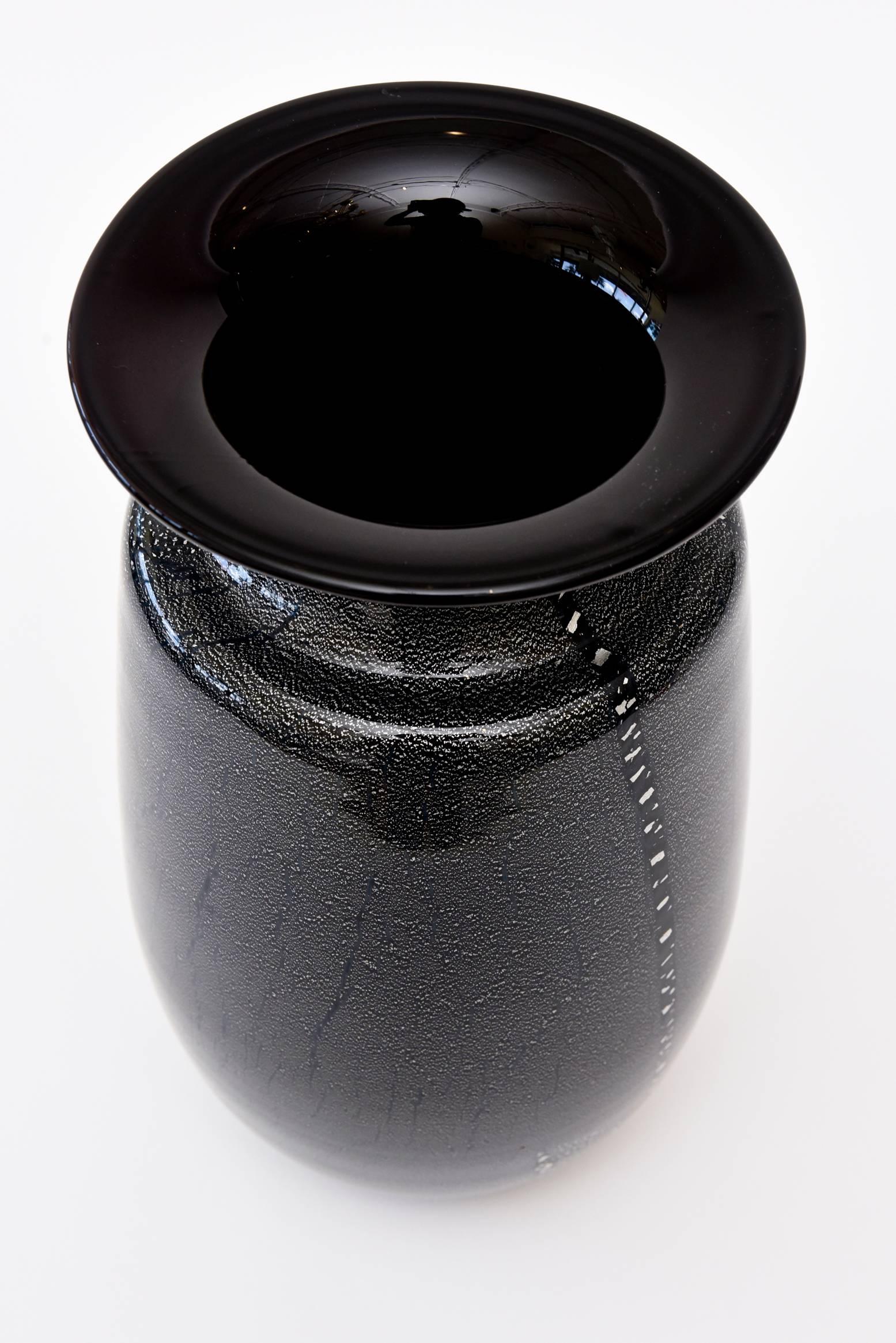 Blown Glass Italian Murano Seguso Black Amethyst and Silver Foil Large Vase or Vessel /SALE