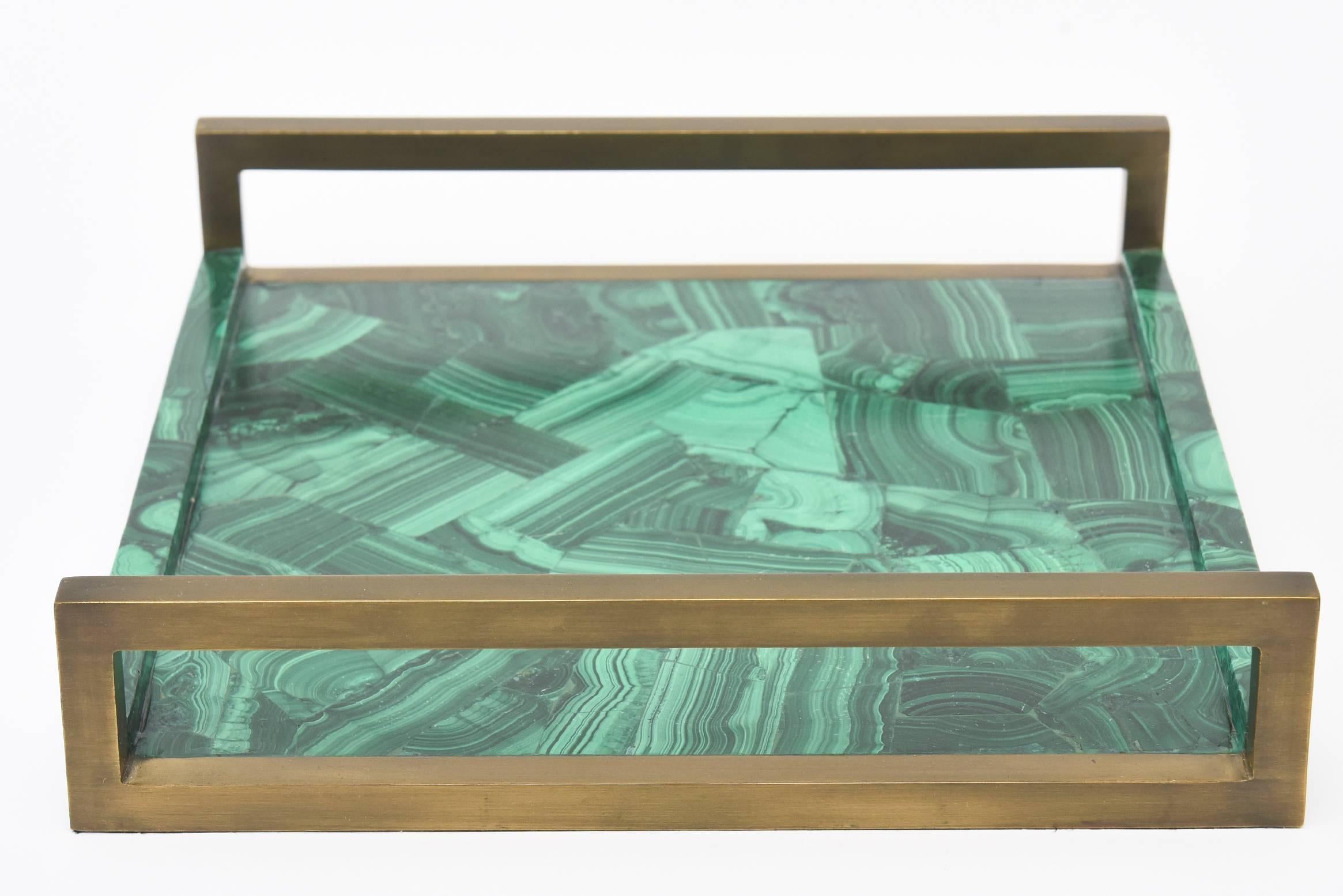 Modern R&Y Augousti Faux Malachite Tessellated Composite and Brass Tray