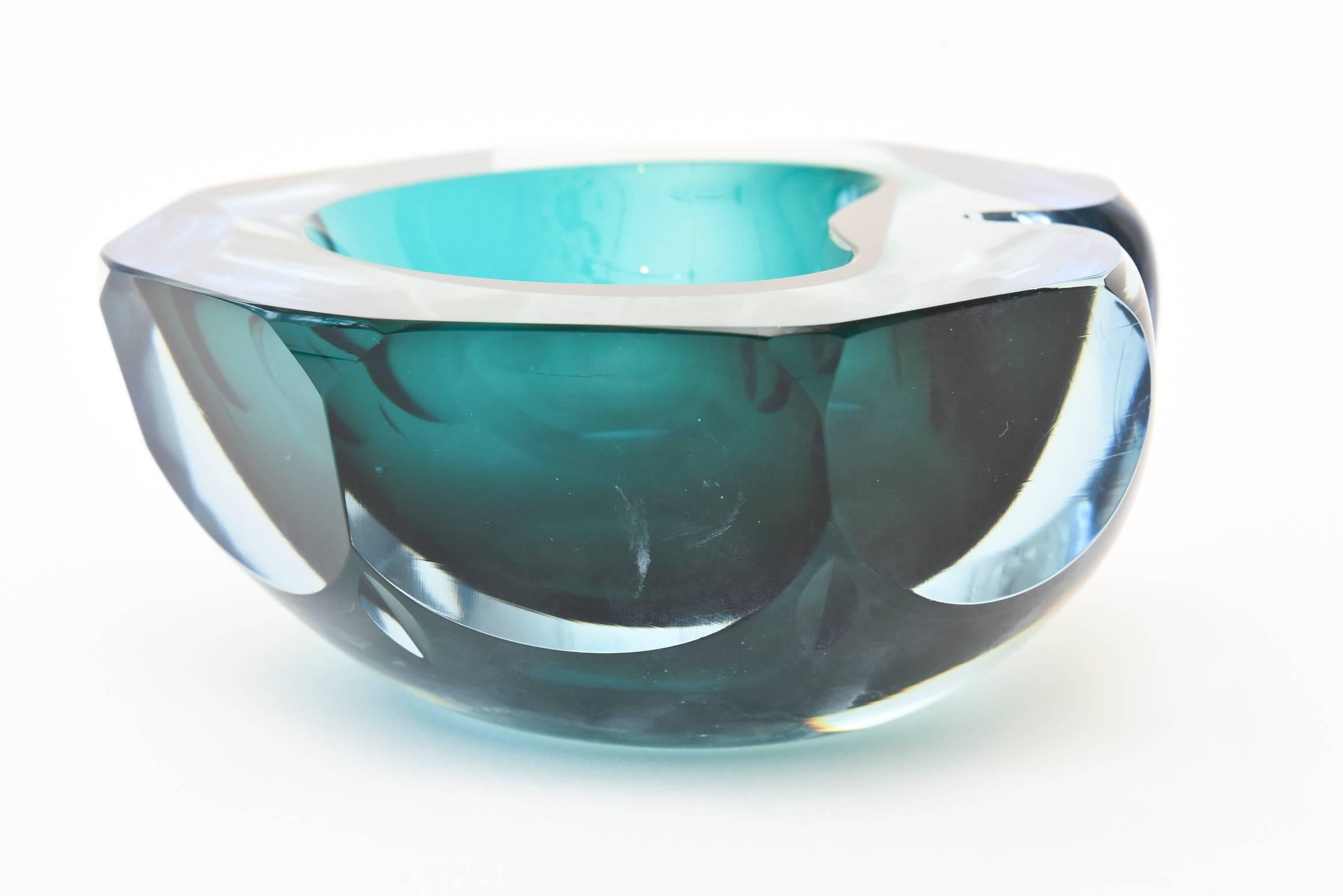Italian Murano Cenedese Faceted Sommerso Chunky Glass Bowl  1