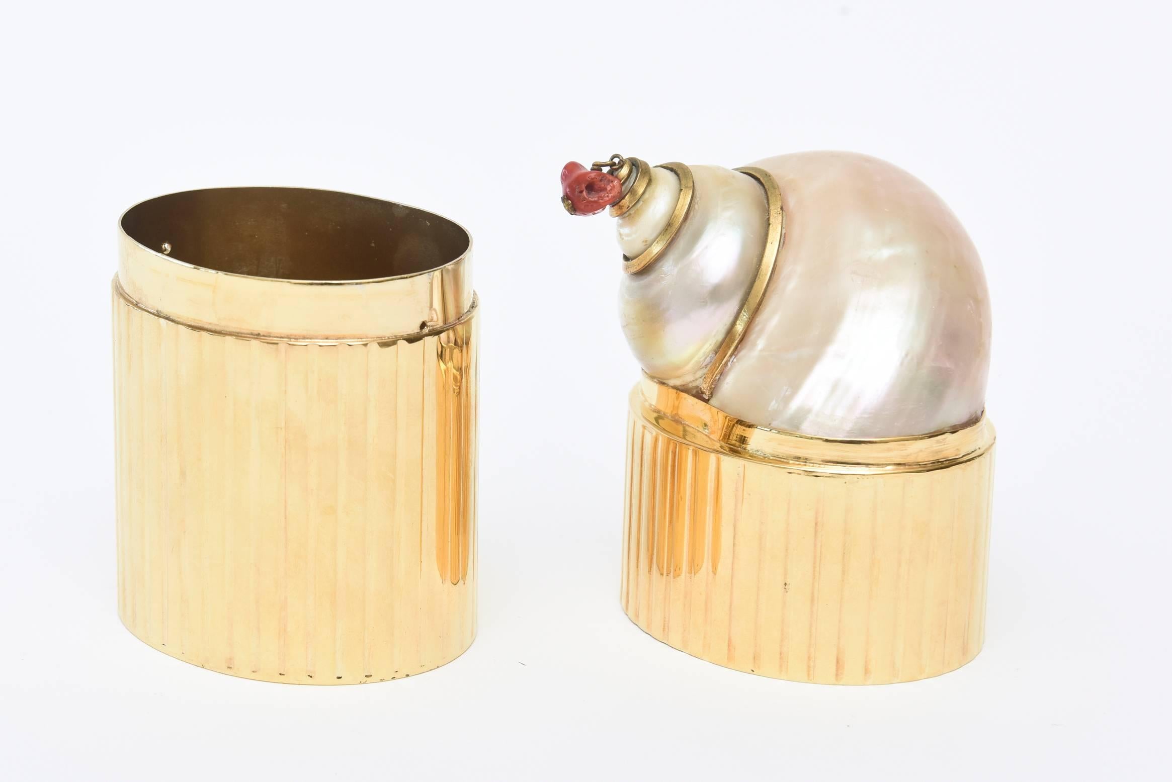 Gold-Plated Vintage Organic Modern Box with Chamber Nautilus Shell and Coral 1