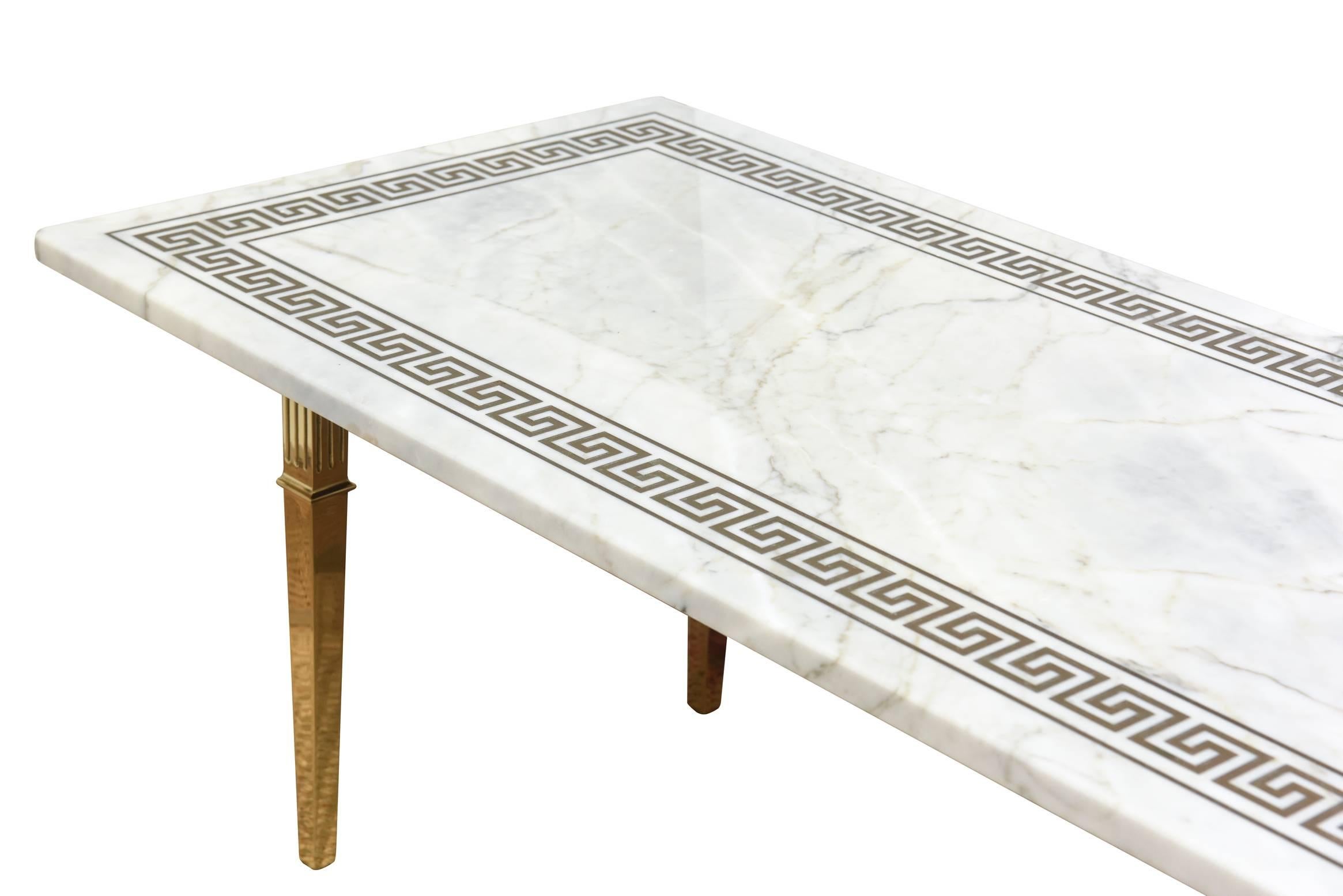 Italian Carrara Marble Greek Key and Brass Cocktail Table Mid-Century Modern
