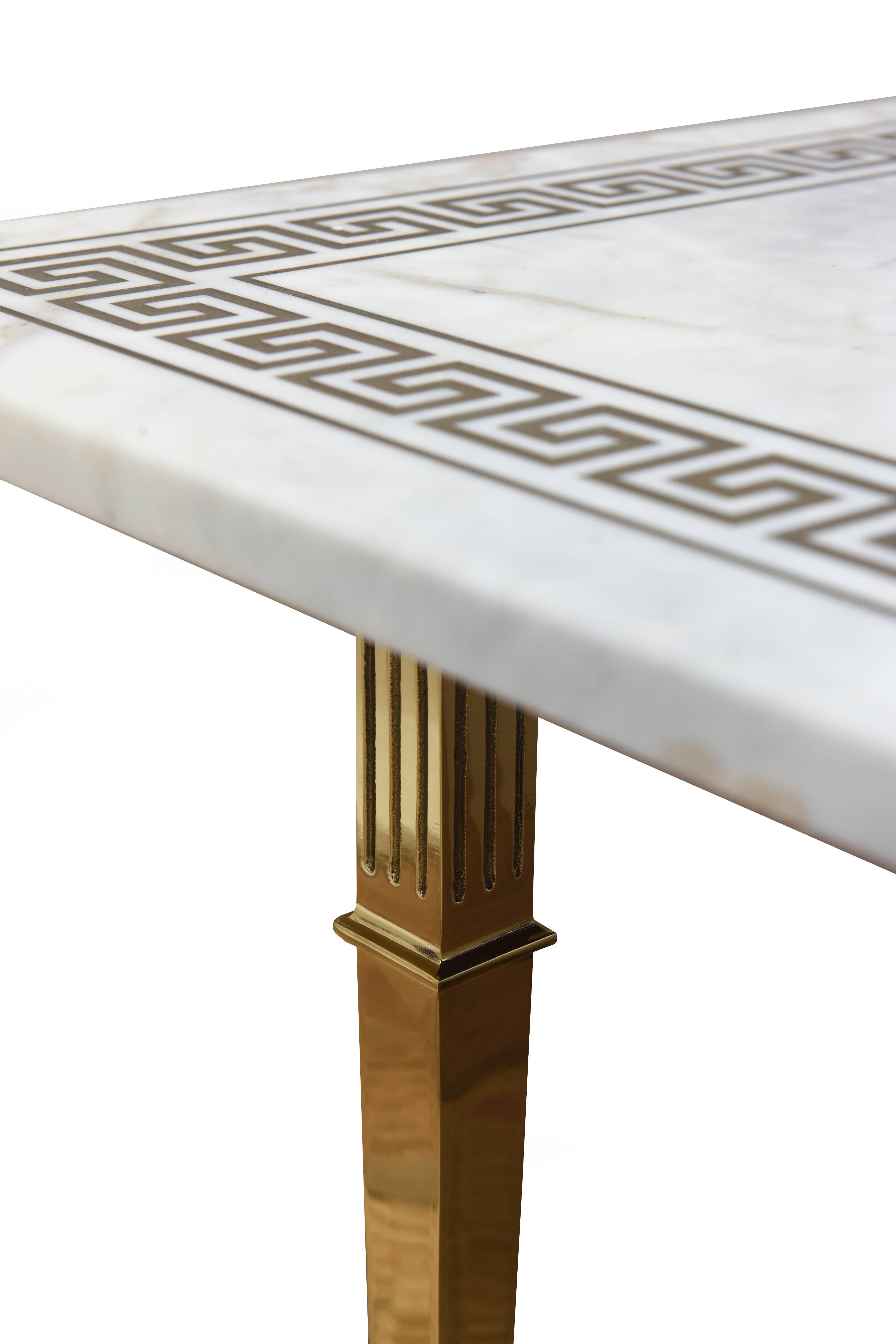 Carrara Marble Greek Key and Brass Cocktail Table Mid-Century Modern In Good Condition In North Miami, FL