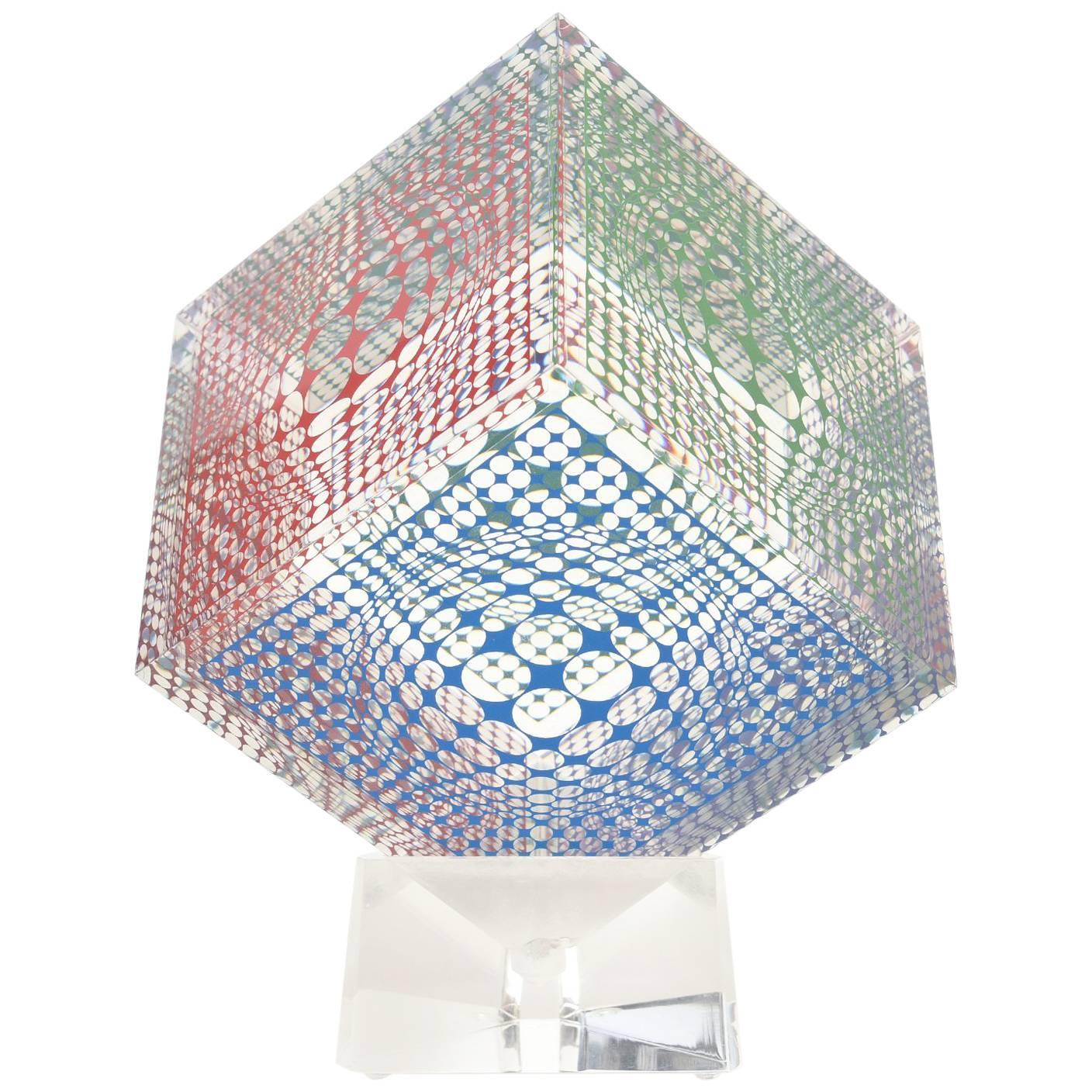 Victor Vasarely Op Art Graphic Lucite Cube Sculpture