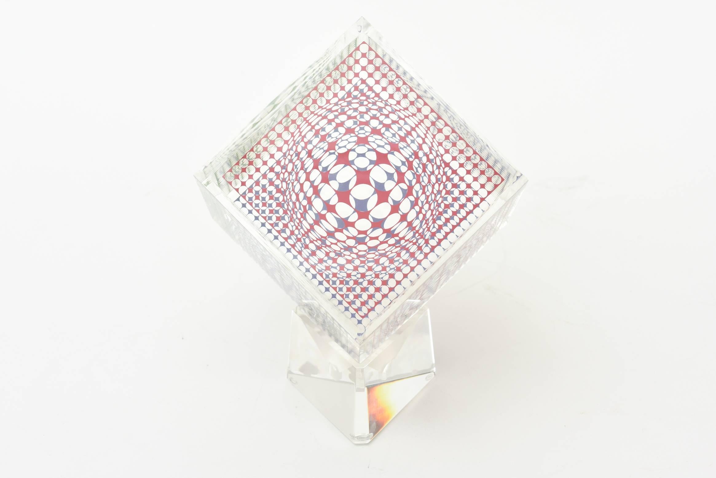 Victor Vasarely Op Art Graphic Lucite Cube Sculpture 1