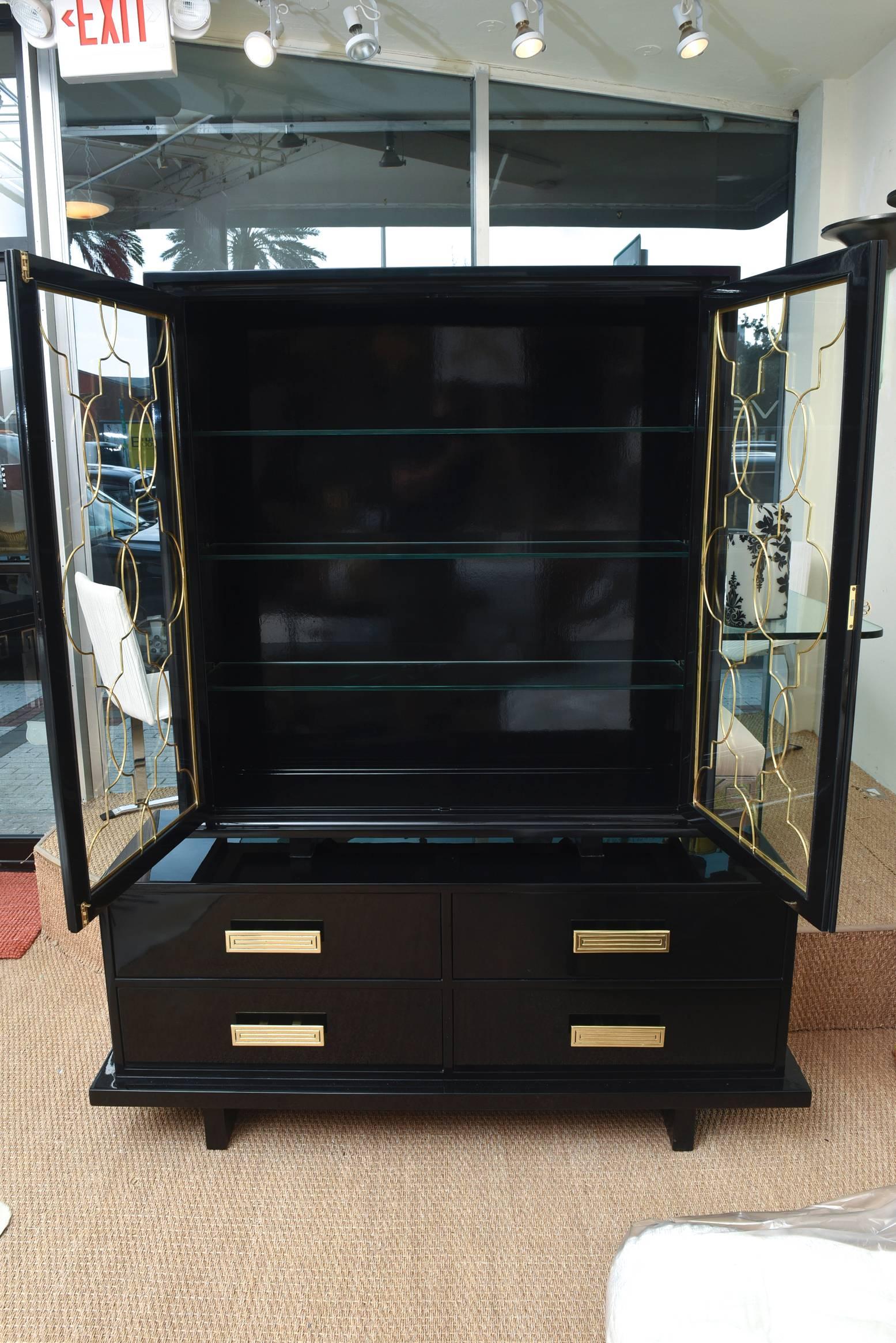 Hollywood Regency Vintage Rare Grosfeld House Black Lacquered Wood, Brass and Glass Cabinet Modern For Sale