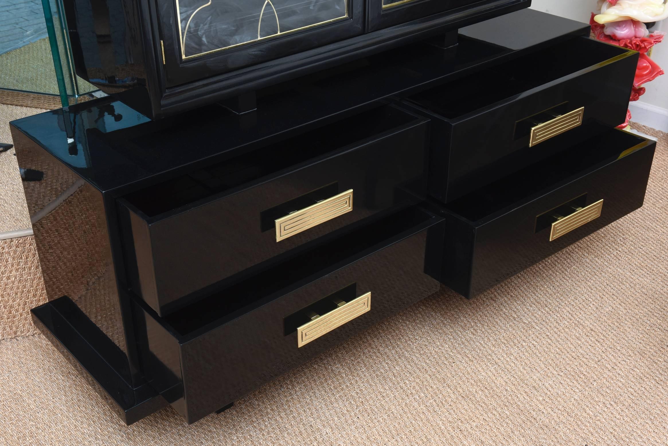 Vintage Rare Grosfeld House Black Lacquered Wood, Brass and Glass Cabinet Modern In Good Condition For Sale In North Miami, FL