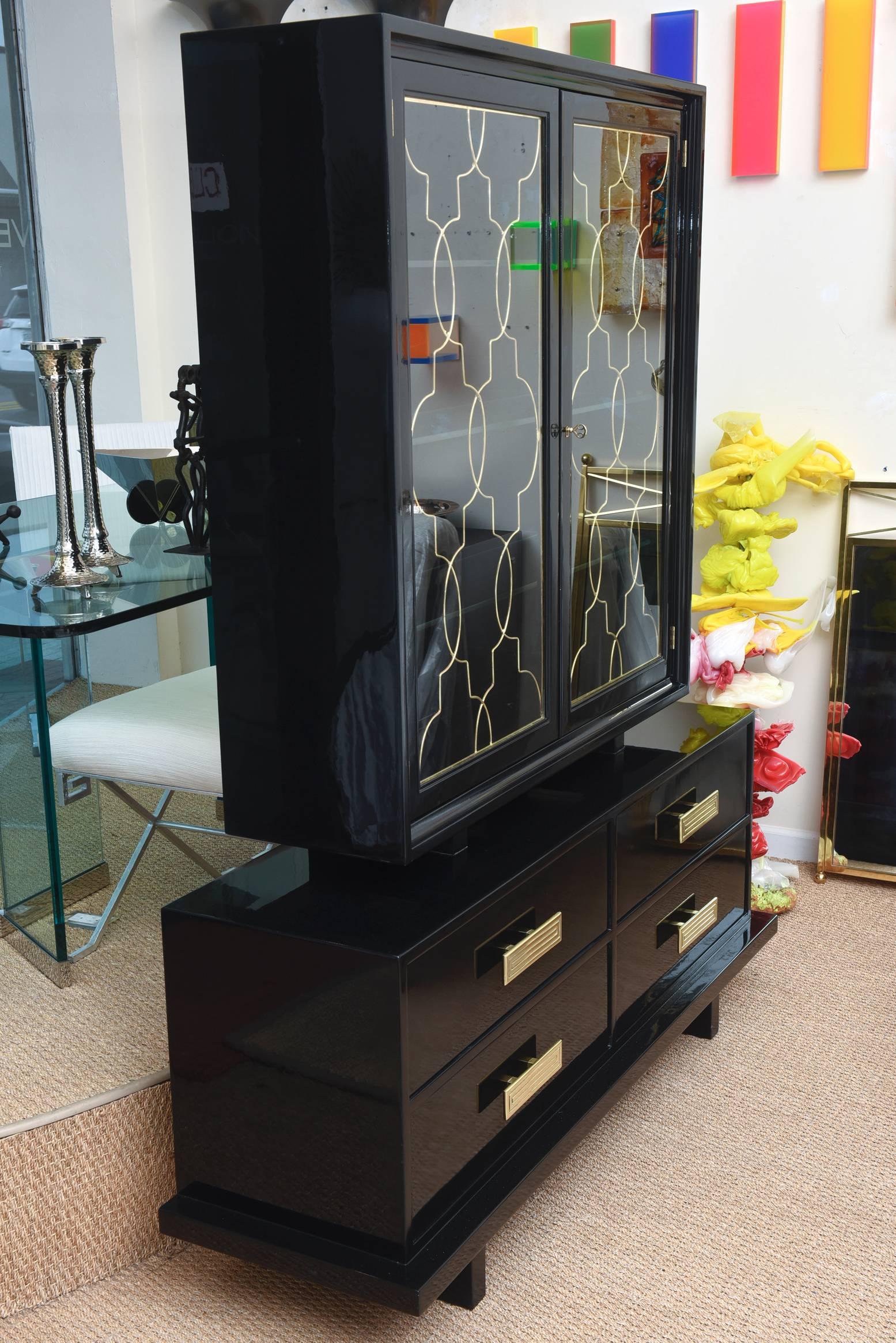 Mid-20th Century Grosfeld House Vintage Black Lacquered Wood, Brass and Glass Rare Cabinet  For Sale