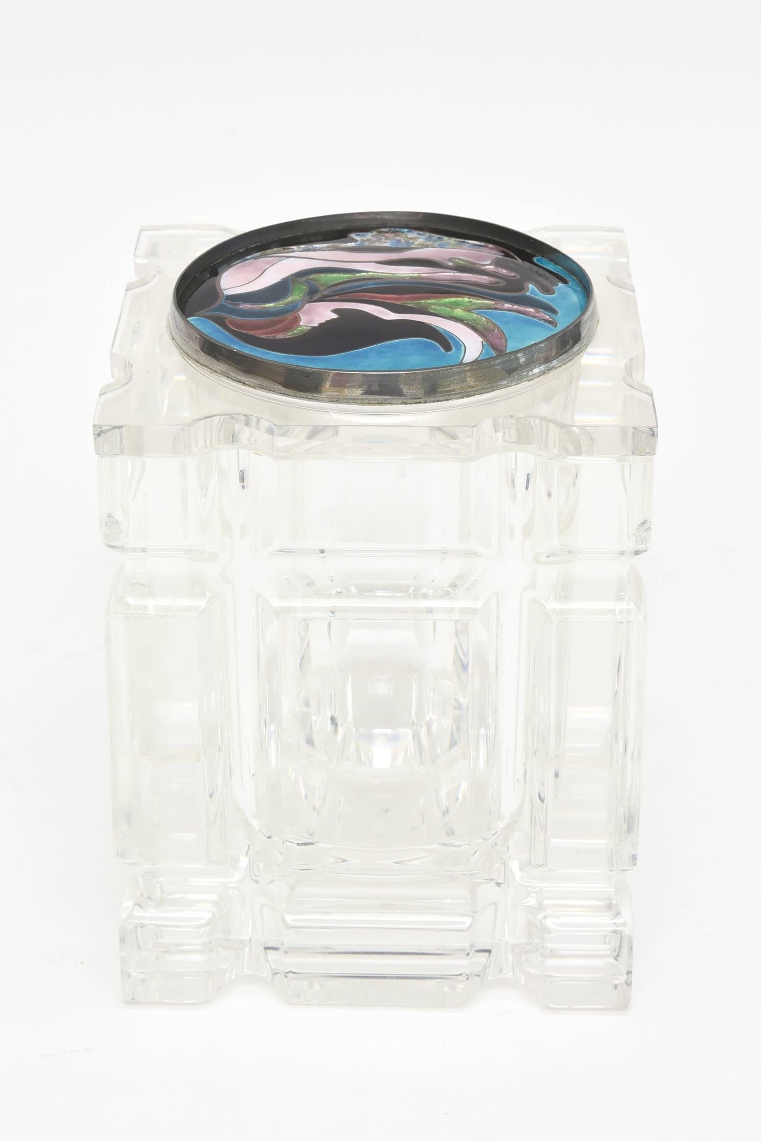 American Vintage Lucite Box with Foiled Enameled Cloisonné Blue Abstract Top Signed For Sale