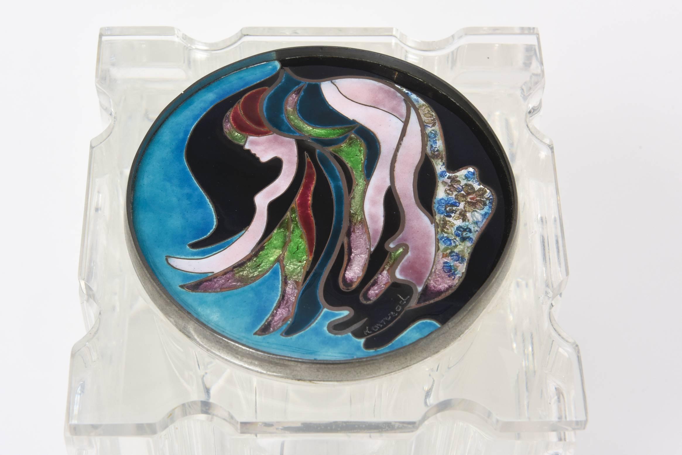 Vintage Lucite Box with Foiled Enameled Cloisonné Blue Abstract Top Signed In Good Condition For Sale In North Miami, FL