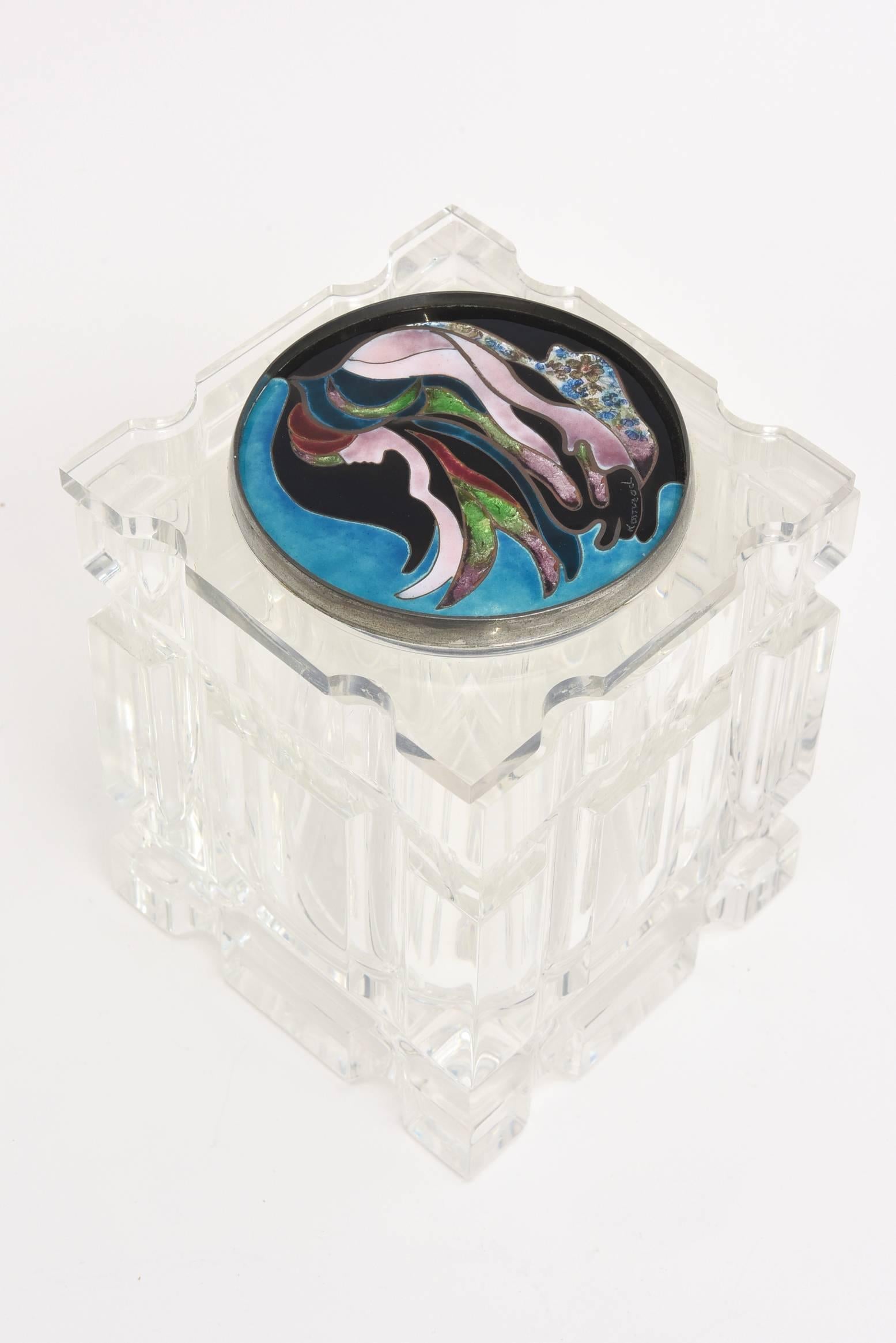 Vintage Lucite Box with Foiled Enameled Cloisonné Blue Abstract Top Signed For Sale 3