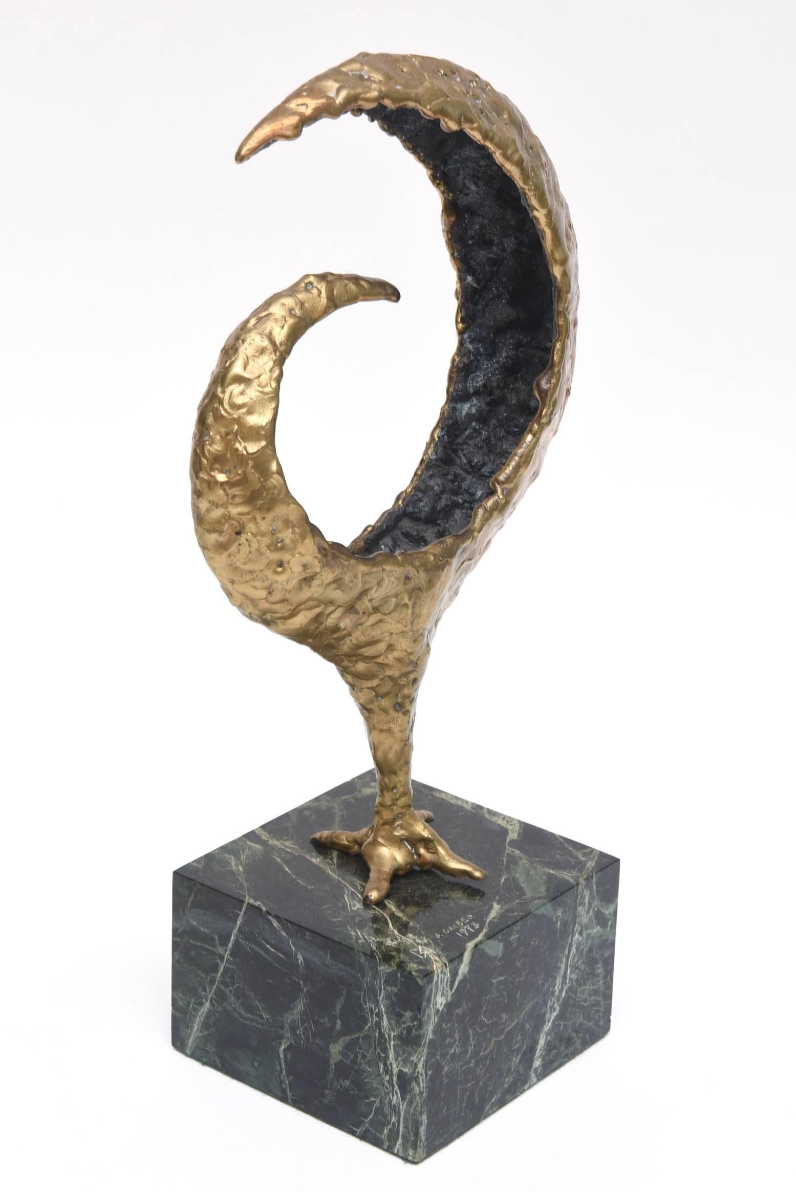 Brutalist Molten Bronze and Variegated Marble Signed Sculpture Vintage For Sale