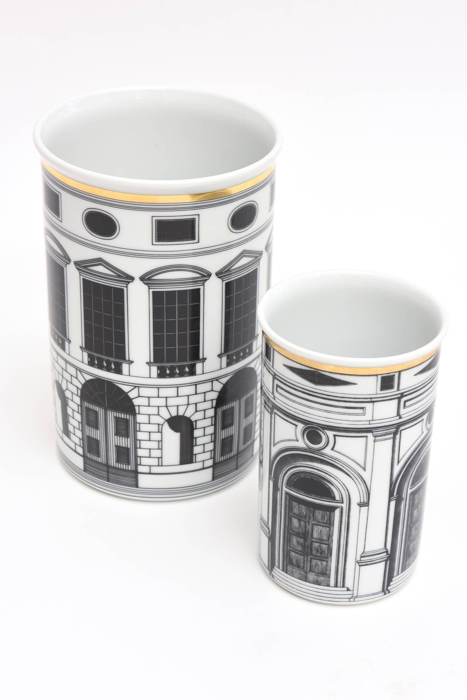 Classical Roman Pair of Fornasetti Porcelain Architectural Vessels/ Vases