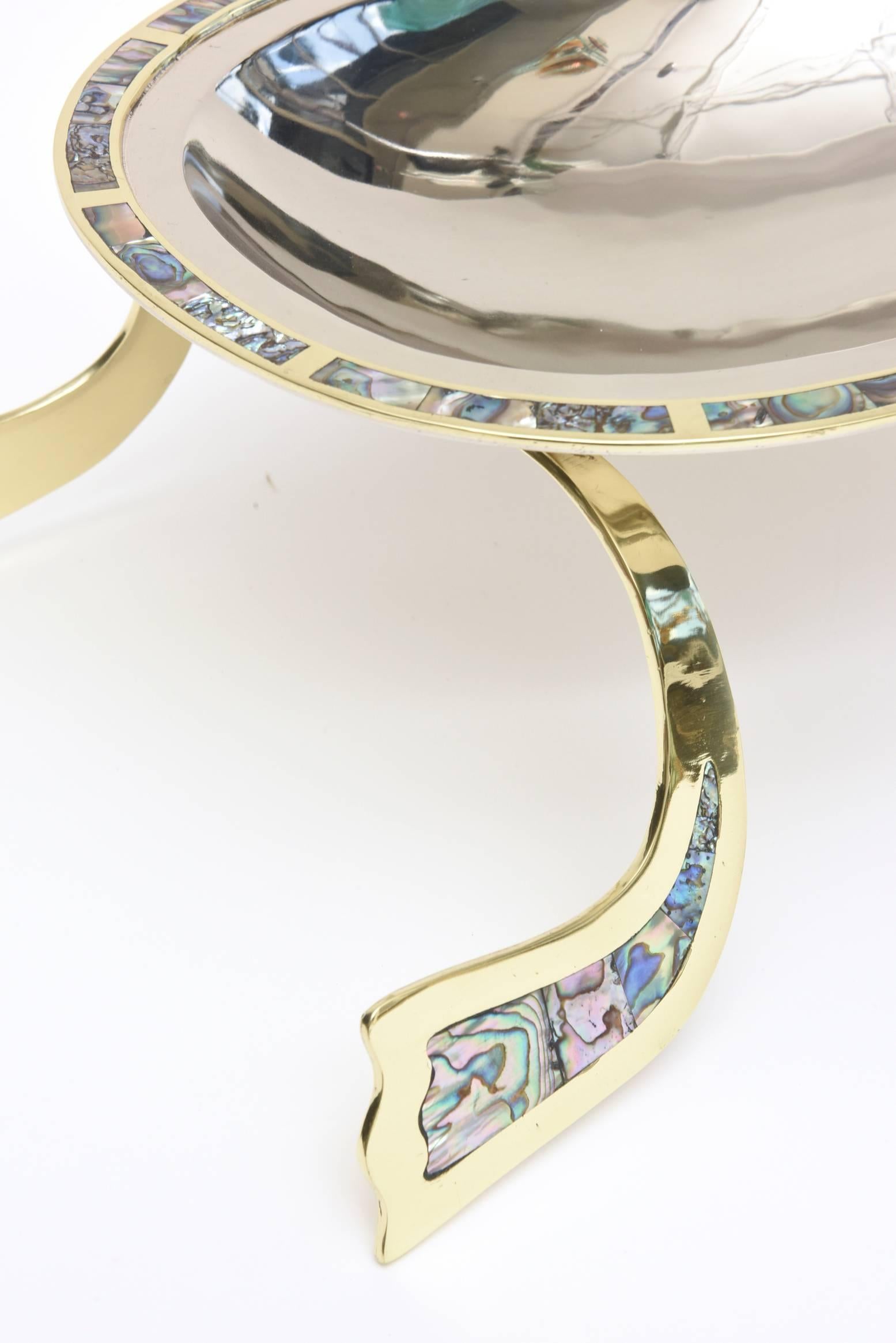 Mid-Century Modern Los Castillo Abalone Brass Silver Plate Centerpiece Serving Bowl Vintage