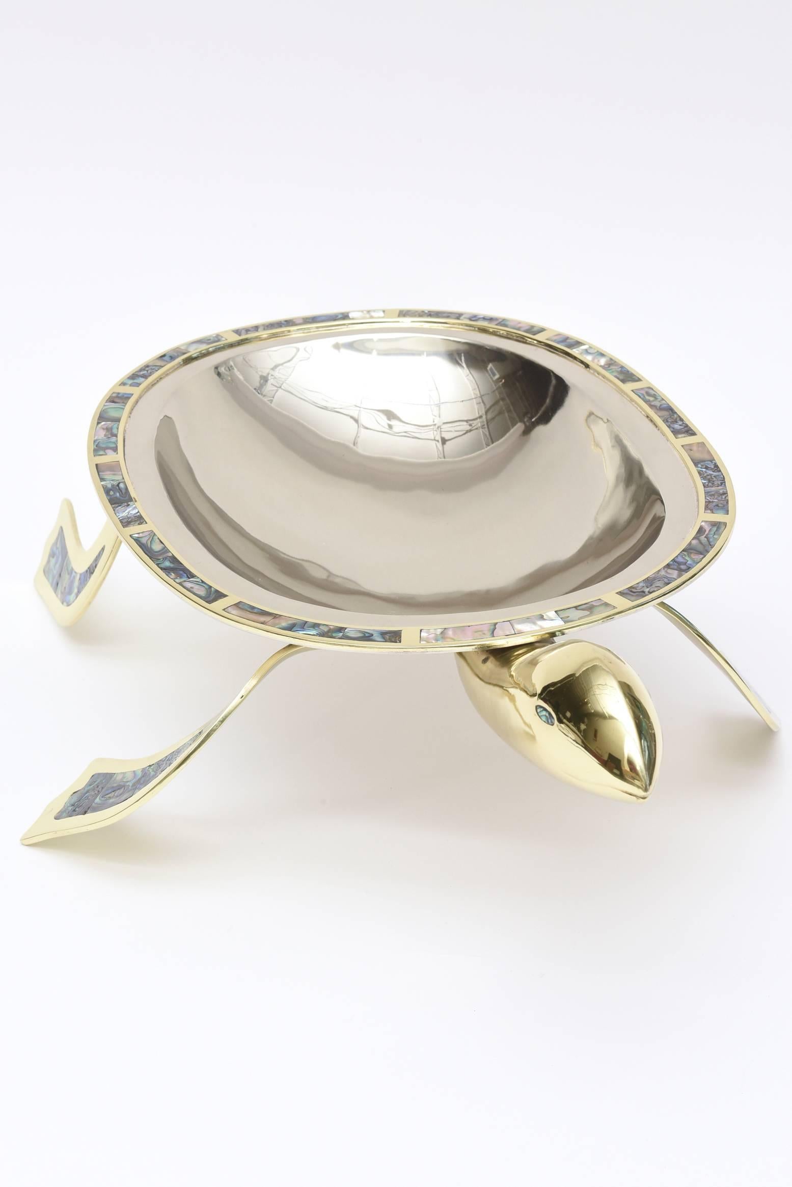 Mexican Los Castillo Abalone Brass Silver Plate Centerpiece Serving Bowl Vintage