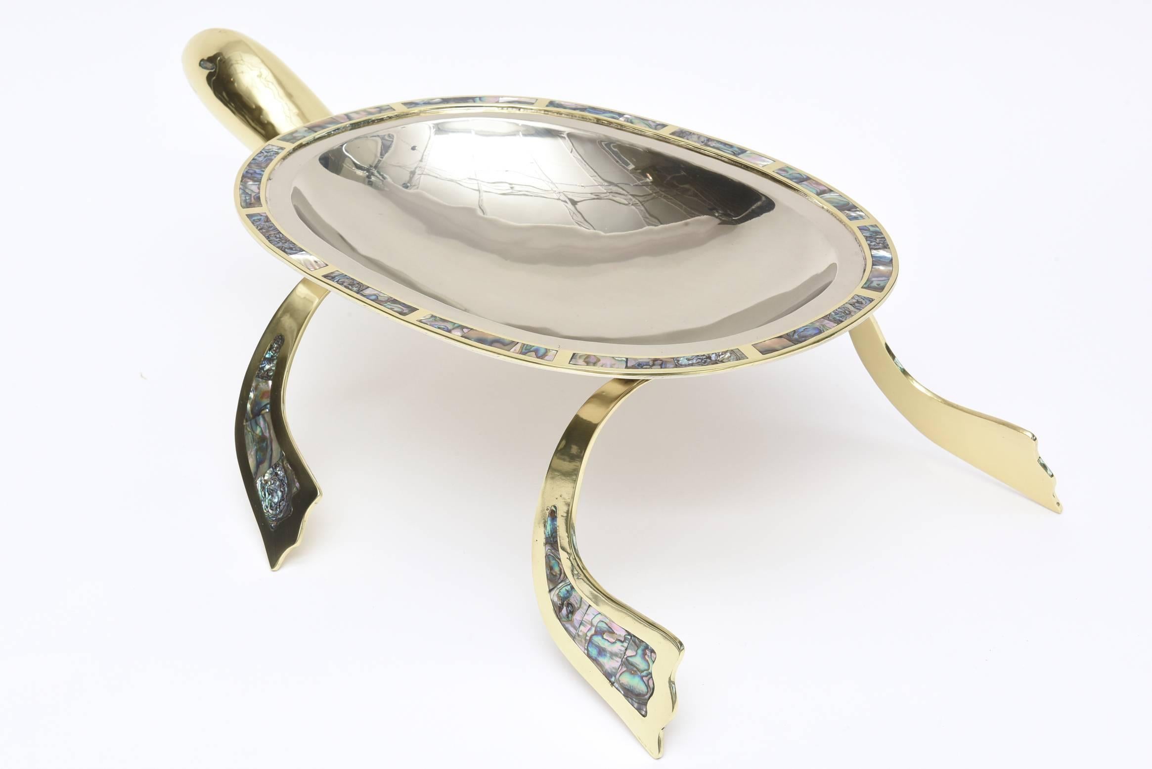 Los Castillo Abalone Brass Silver Plate Centerpiece Serving Bowl Vintage In Good Condition In North Miami, FL