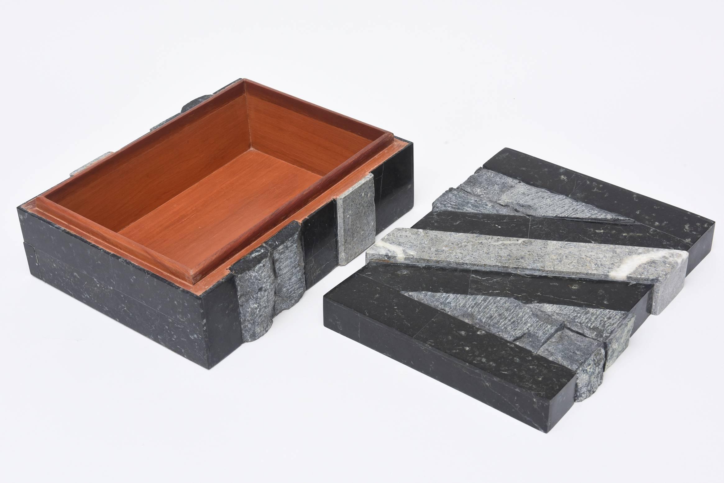 Organic Modern Textural Polished and Unpolished Stone and Wood Large Sculptural Box