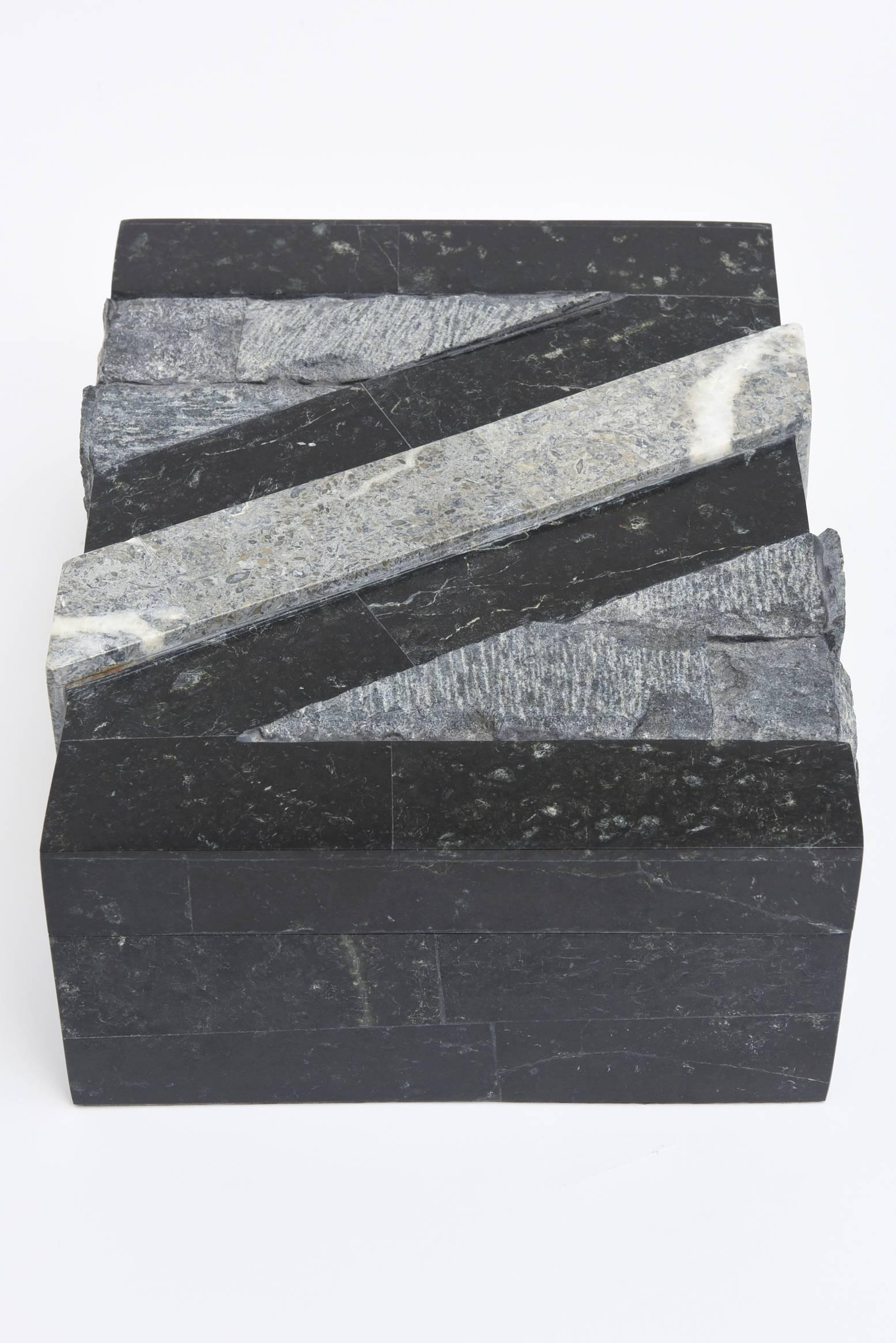 Textural Polished and Unpolished Stone and Wood Large Sculptural Box 1