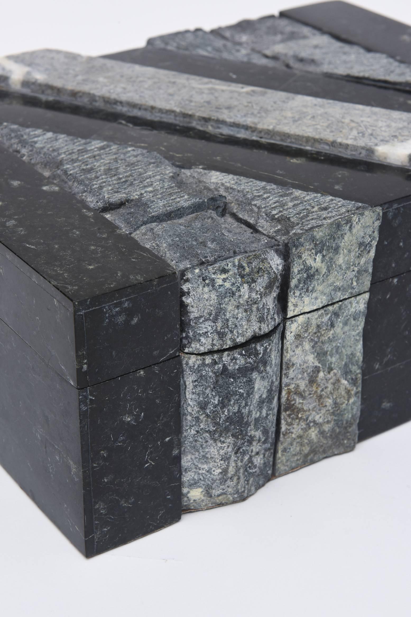 Textural Polished and Unpolished Stone and Wood Large Sculptural Box 2