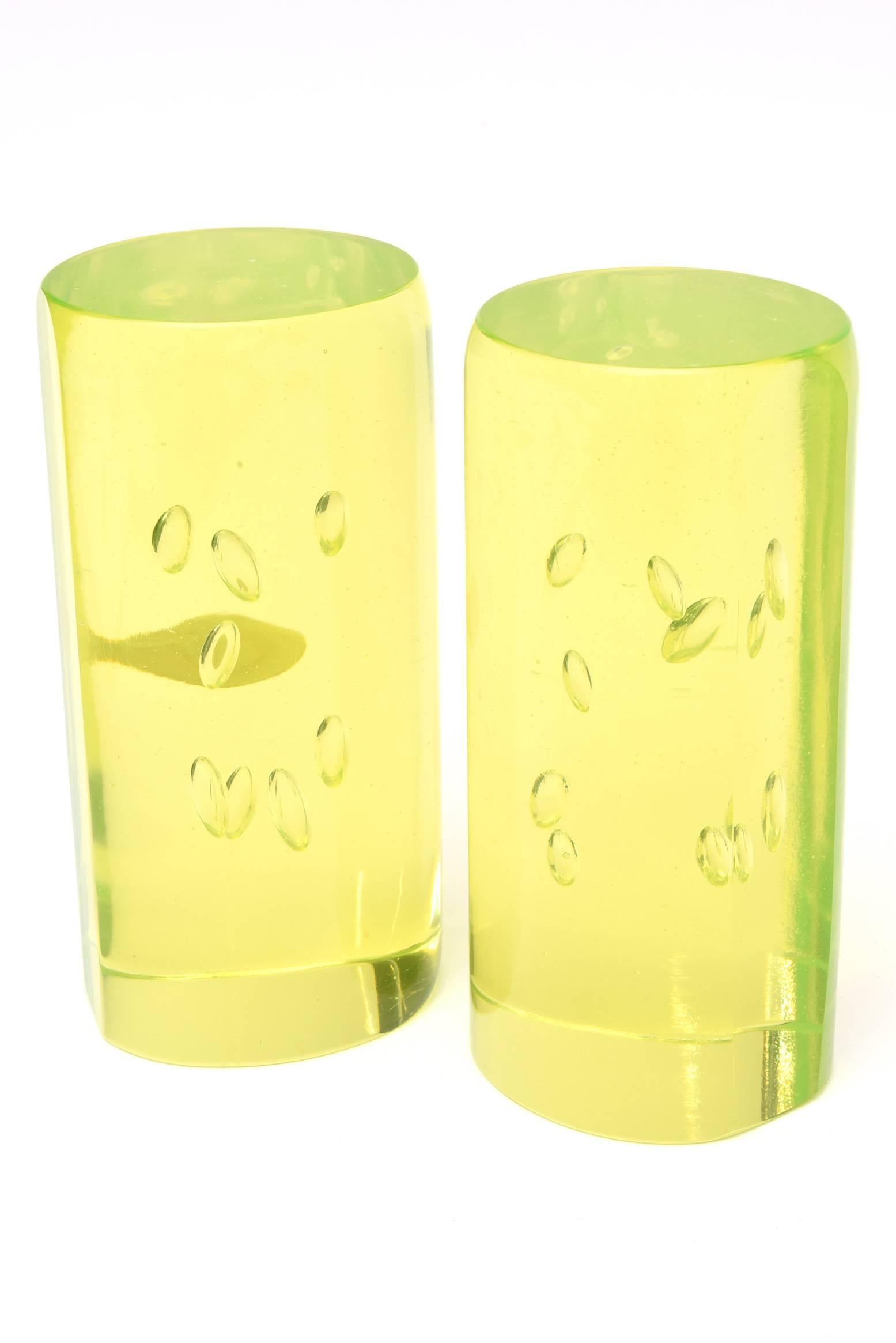 Murano Cenedese Chartreuse Yellow Bullecante Glass Bookends Pair of Vintage Rare 1