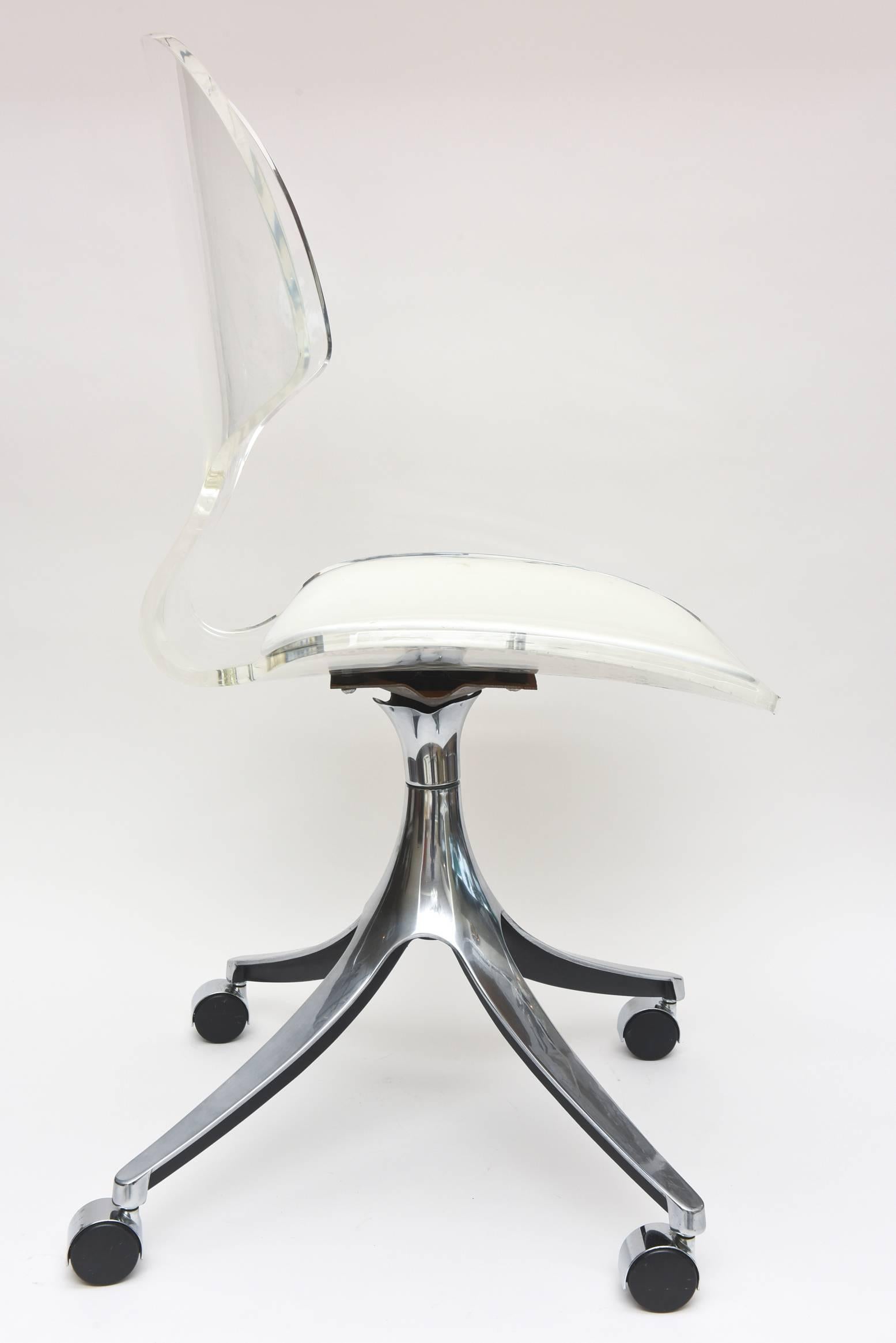 Late 20th Century Vintage Lucite/Chrome/White Vinyl Desk/Vanity Chair