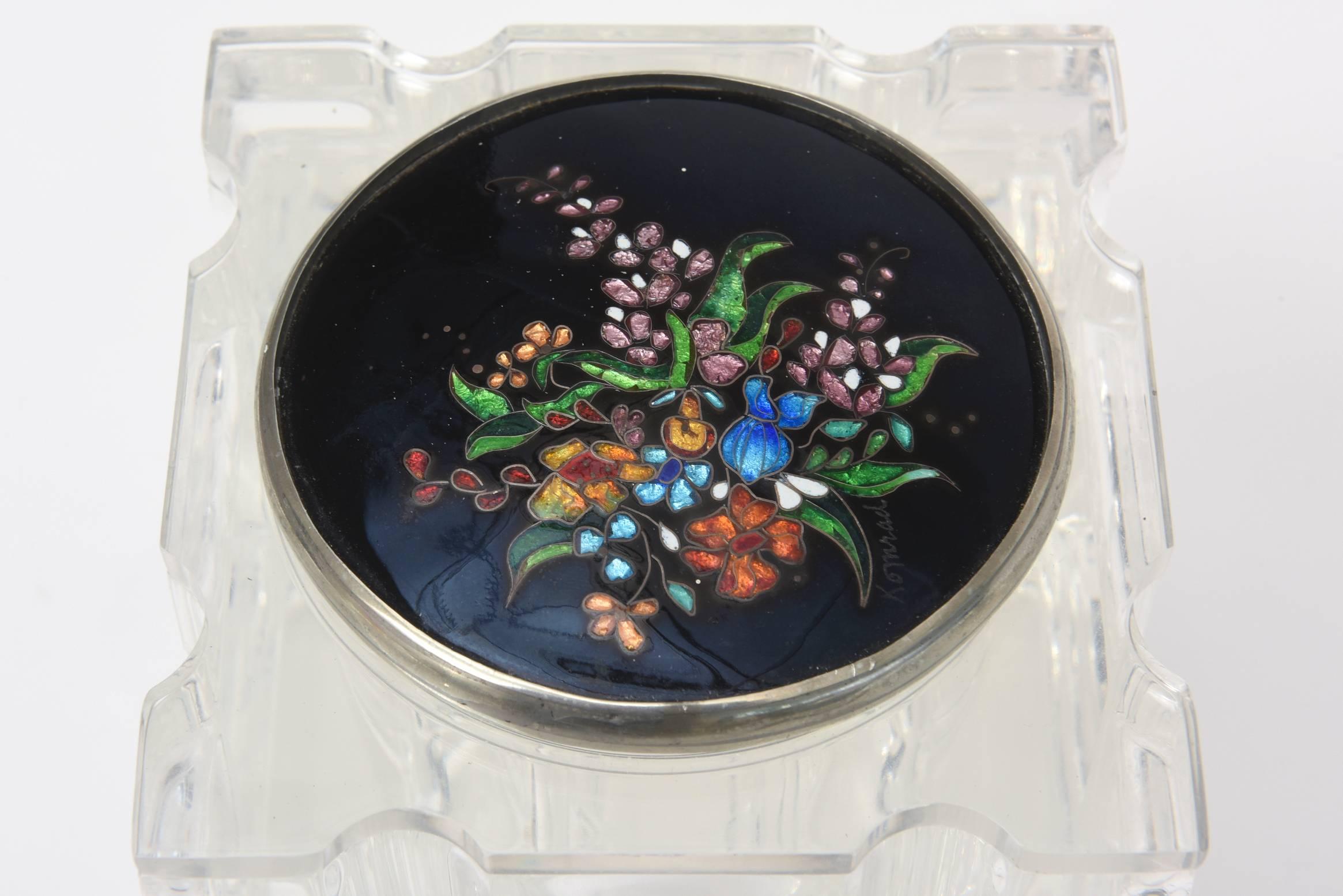 Late 20th Century Enameled Foiled Cloisonné and Lucite Vessel or Box Vintage Signed For Sale