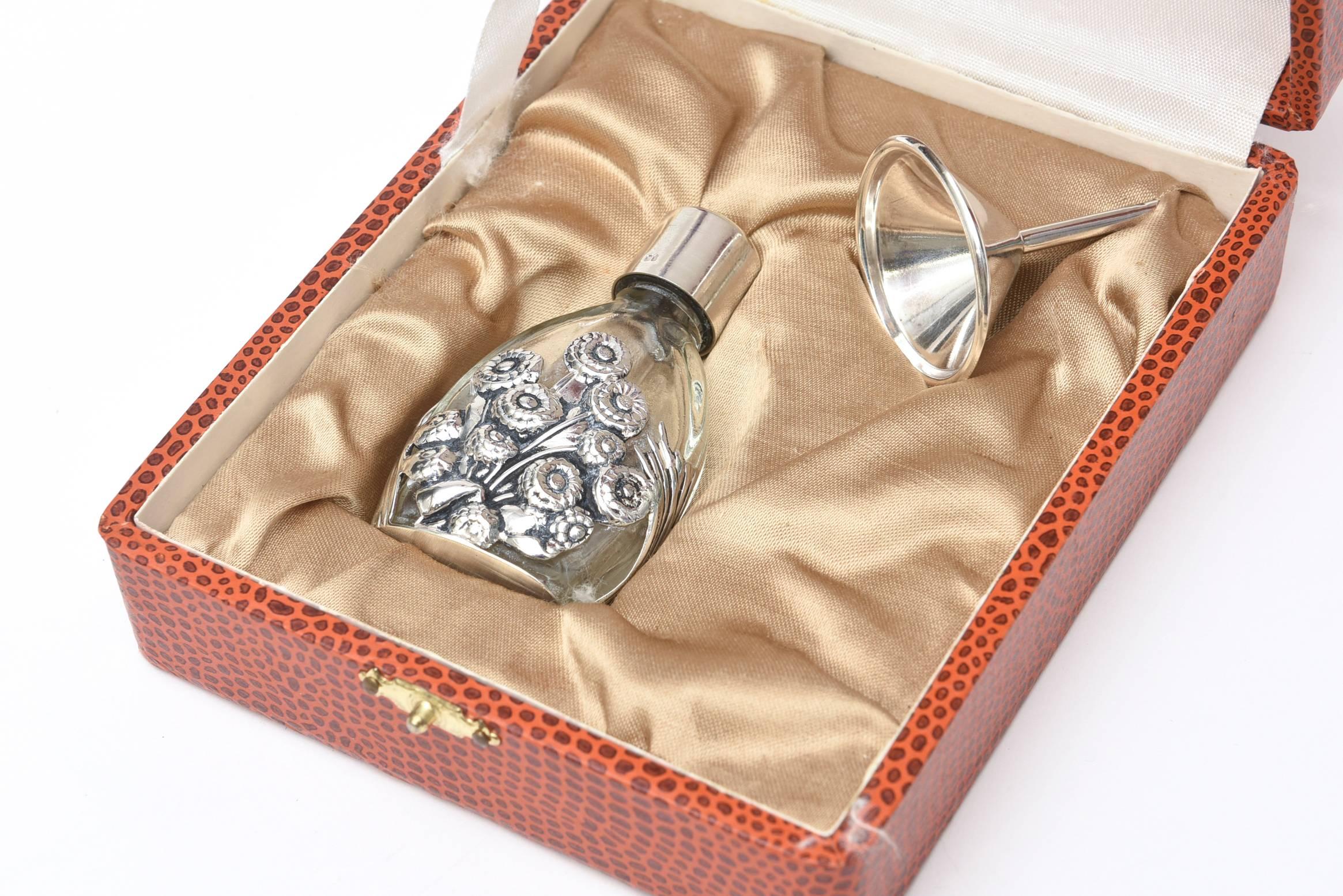 Early 20th Century French Deco Sterling Silver & Glass Traveling Perfume Bottle and Funnel
