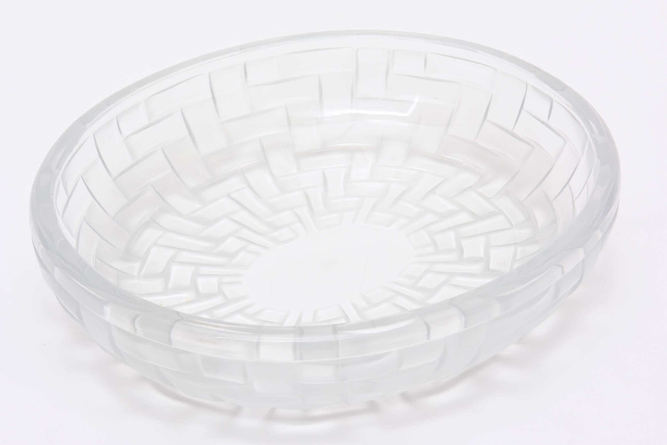 French Signed Lalique Modernist Oval Crystal Abstract Glass Serving Bowl