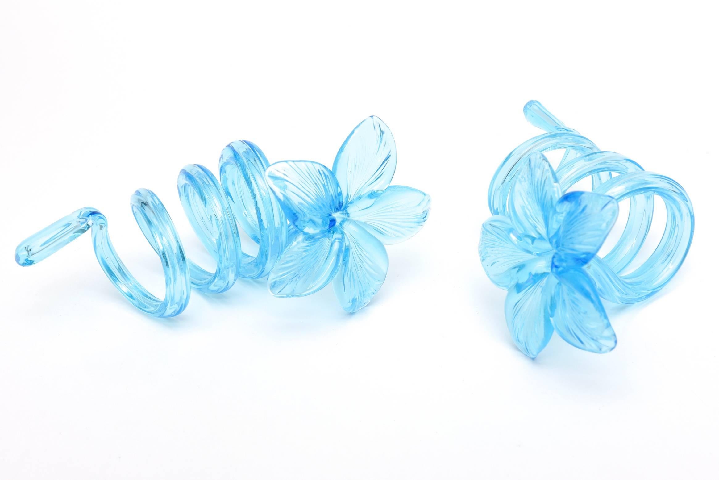 Late 20th Century Collection of Nine Hand Blown Glass Coiled Turquoise Blue Flower Napkin Rings