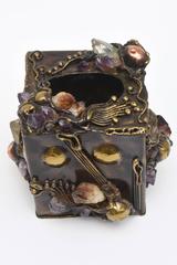 Brutalist Handwrought Mixed Metal, Amethyst and Quartz Tissue Box Vintage