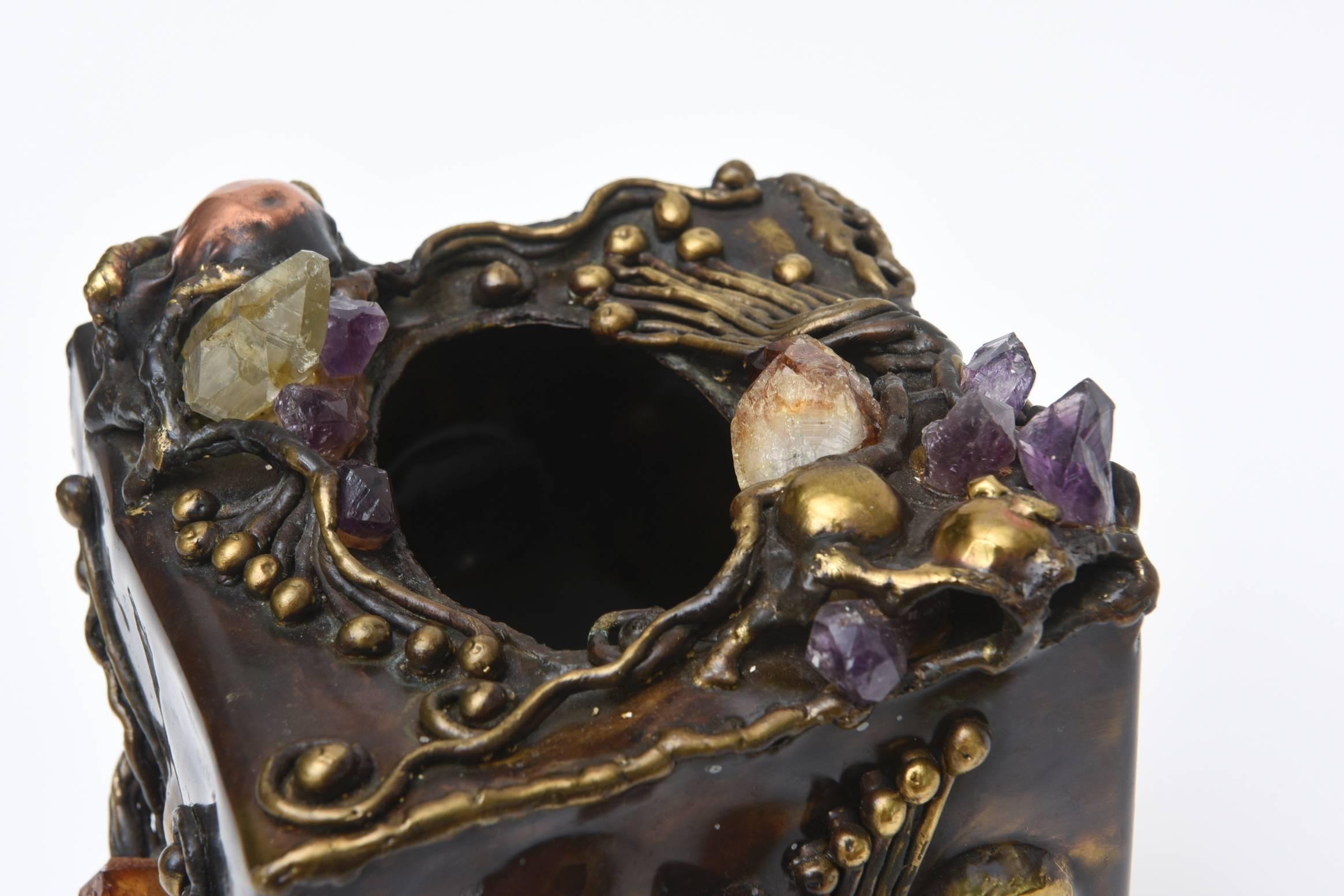 Brutalist Handwrought Mixed Metal, Amethyst and Quartz Tissue Box Vintage In Good Condition In North Miami, FL