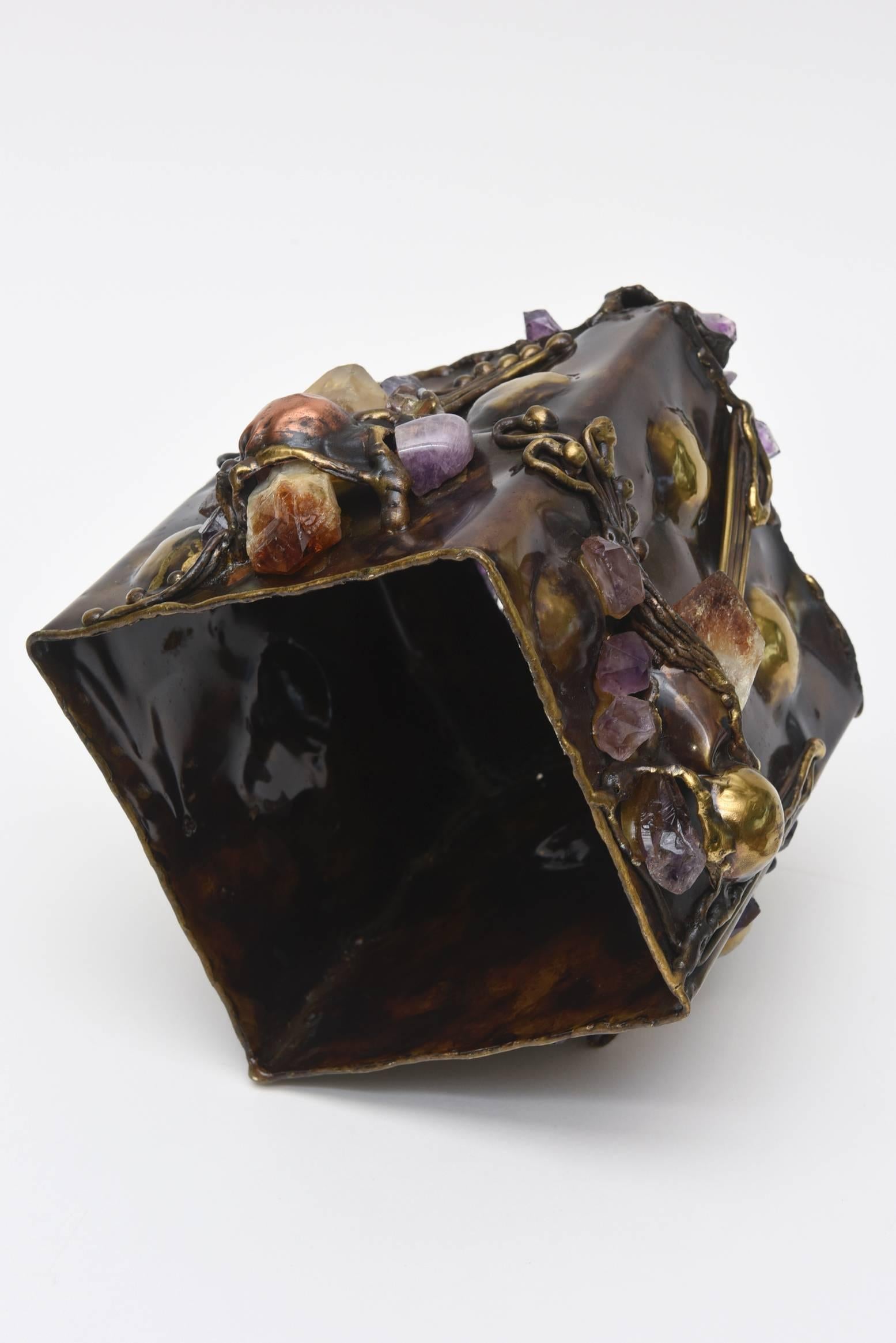 Late 20th Century Brutalist Handwrought Mixed Metal, Amethyst and Quartz Tissue Box Vintage