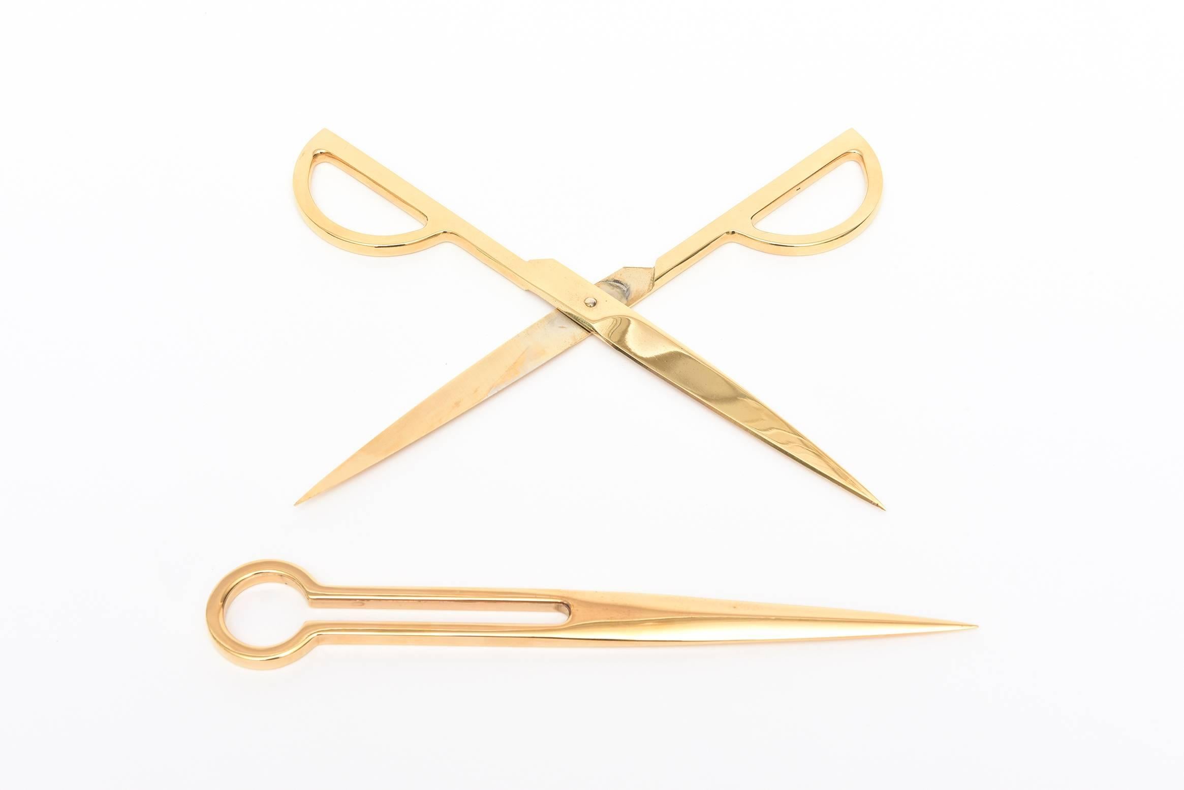 Pair of Modernist Gold-Plated Letter Opener and Scissors/Desk Accessory In Good Condition In North Miami, FL