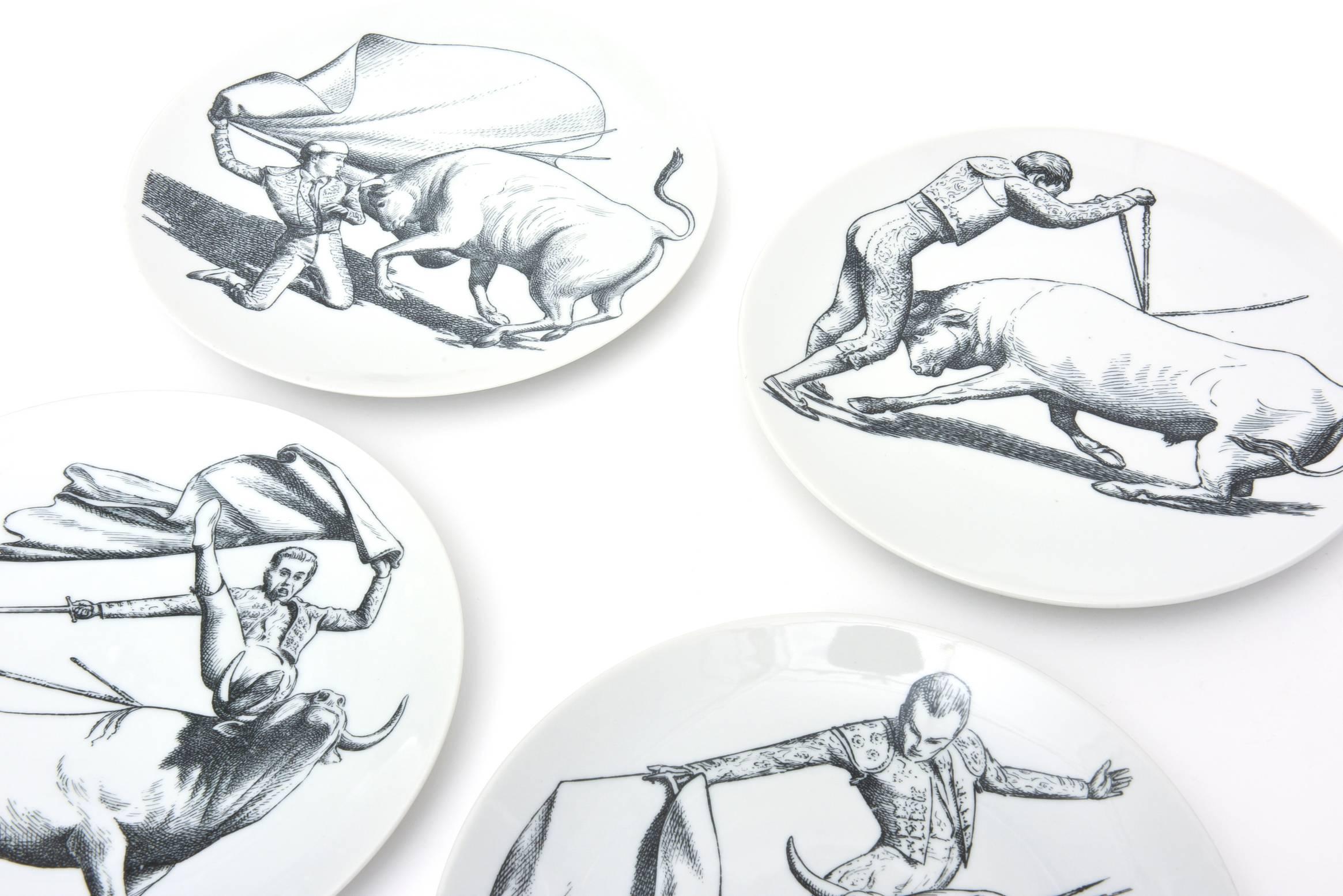 These wonderful hard to find and hard to come by complete set of RARE wonderful bullfight black and white vintage Mid-Century Modern porcelain dinner plates are the genius work and imagination of Italian designer, master and artist: Piero