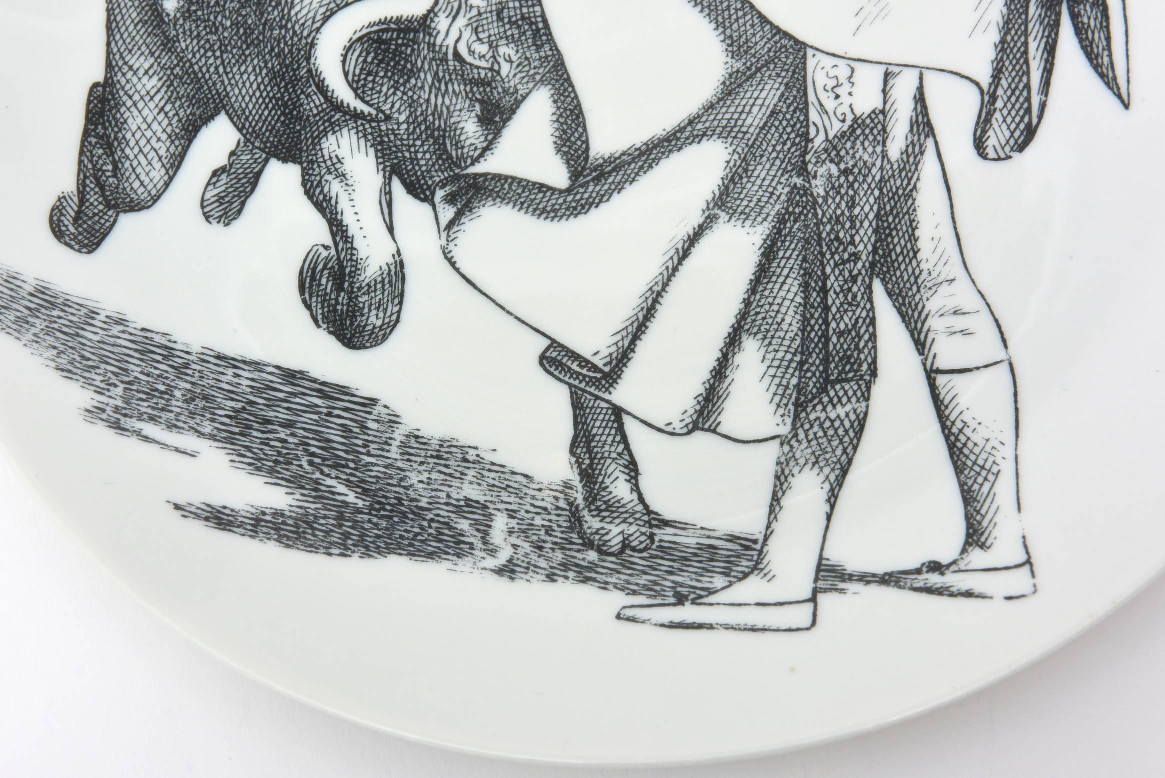 Mid-Century Modern Piero Fornasetti Rare Vintage Matador & Bull Porcelain Dinner Plates Set of Six For Sale