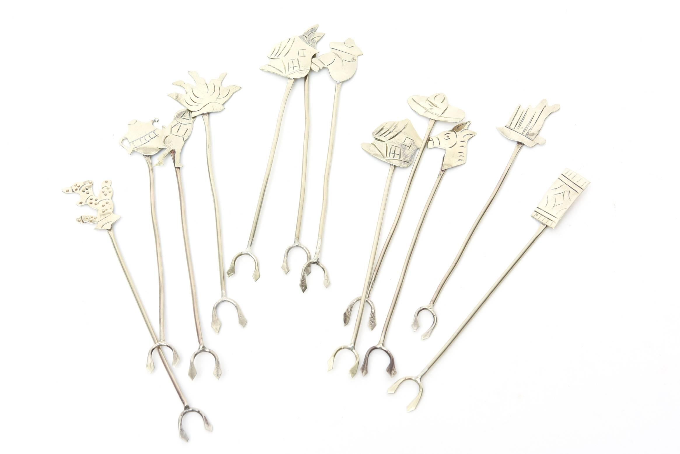 Silver Plate Set of 12 Mexican Silver-Plate Cocktail Forks/ Olive Picks 