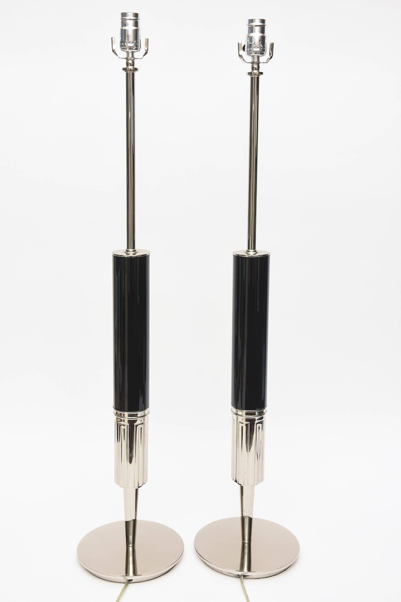 Stiffel Nickel Silver and Ebonized Wood Lamps Mid-Century Modern 1