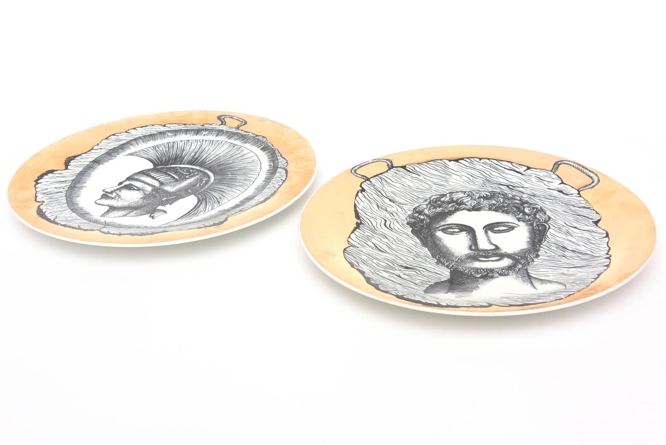 These two Italian Mid-Century Modern gold painted porcelain plates are in the style of Piero Fornasetti. They are signed almost like Fornasetti. Bucciarelli was a Milano based porcelain company. From Milano, Italy. Hallmarked on the back.
Warrior